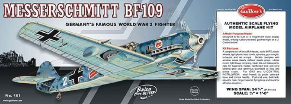 Guillow's Freiflugmodell - Elektro - Gummimotor Messerschmitt Bf 109 Balsabausatz