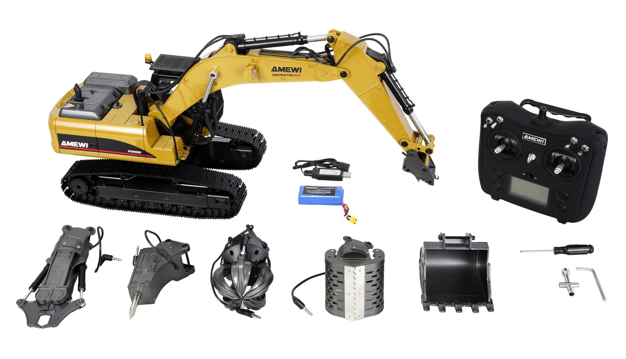 Amewi G705E Bagger Metall 1_14 RTR gelb mit Schnellwechsler und Werkzeugen