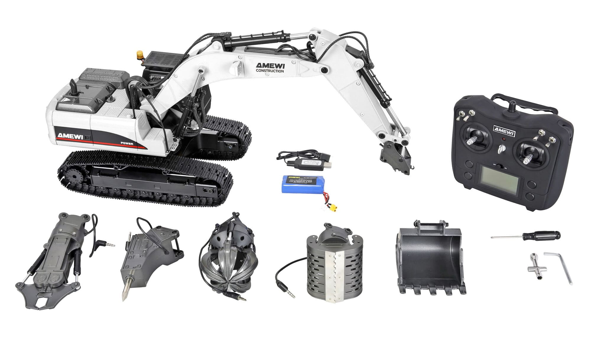 Amewi G705E Metall Bagger 1_14 RTR mit 4 Anbaugeraeten Weiss