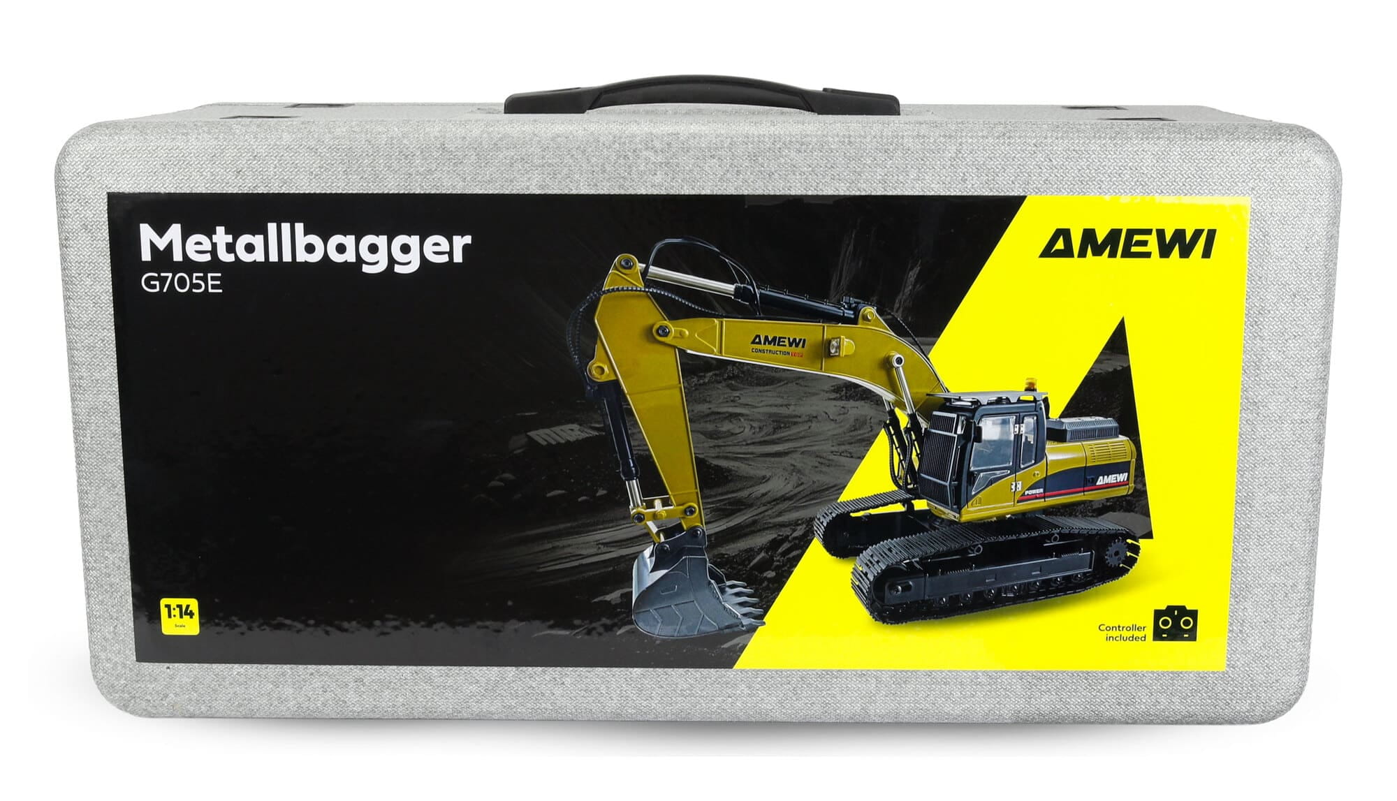 Amewi G705E Bagger Metall 1_14 RTR gelb mit Schnellwechsler und Werkzeugen