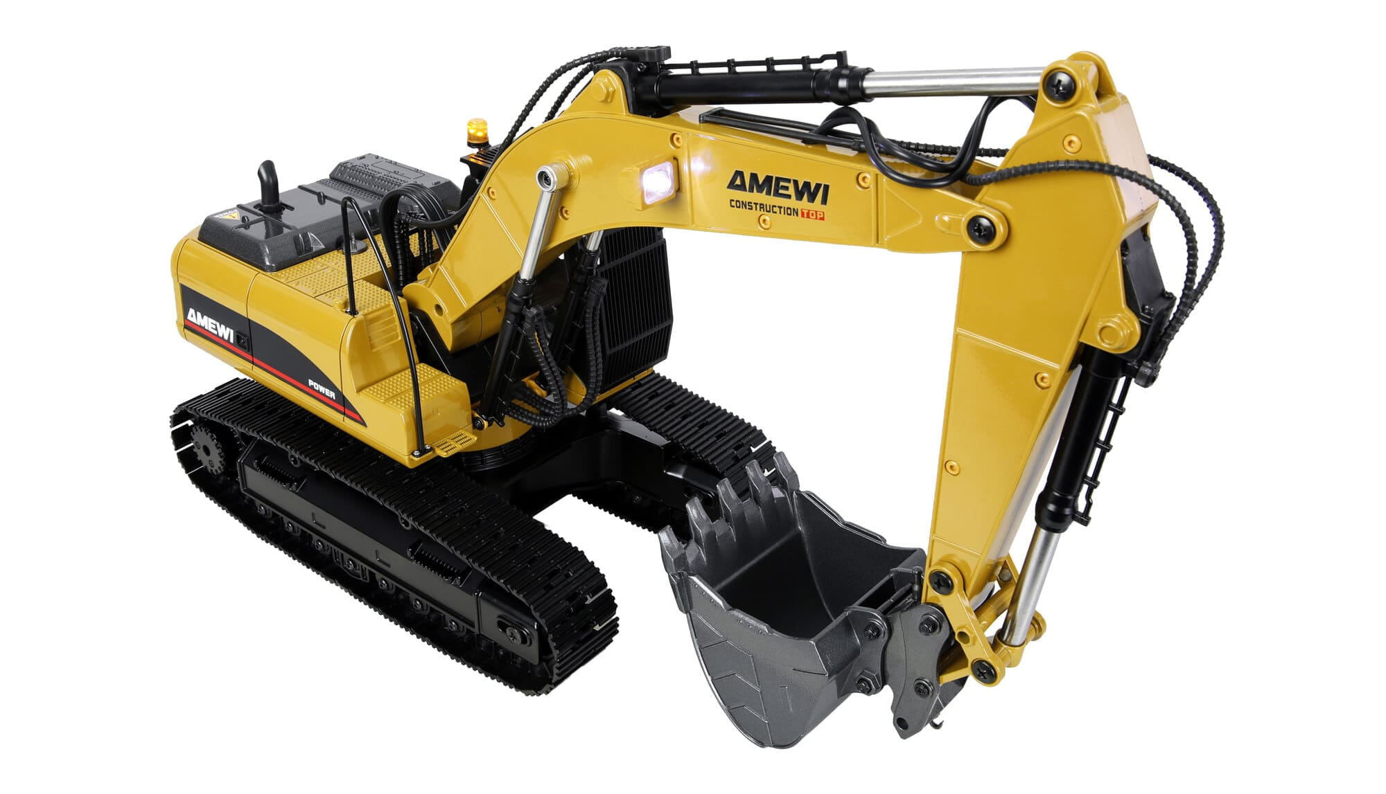 Amewi G705E Bagger Metall 1_14 RTR gelb mit Schnellwechsler und Werkzeugen