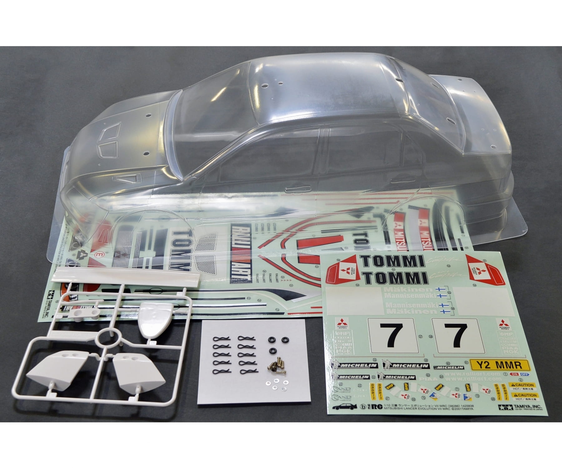 Tamiya Mitsubishi Lancer Evo VII WRC Karosserie-Satz mit Aufkleber Tamiya Mitsubishi Lancer Evo VII WRC Karosserie klar unlackiert 1_10