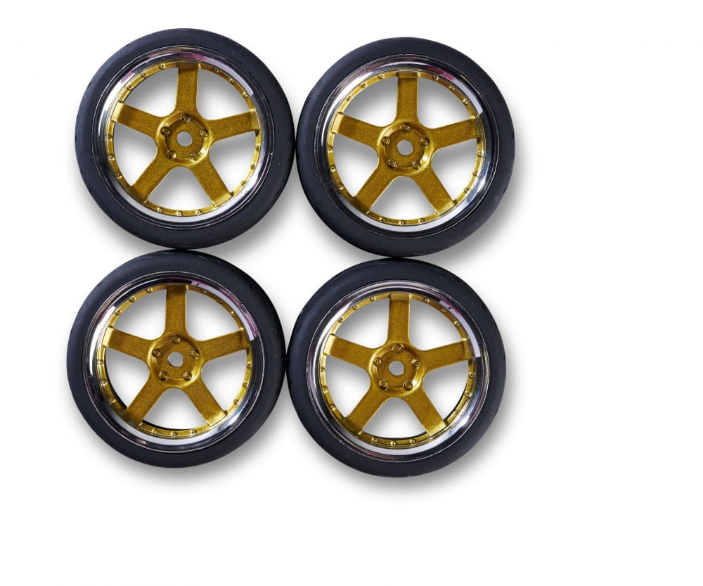 Carson Reifen mit Felgen 1_10 Raederset 5 Speichen -Design _4_ chrom_gold - RC-Zubehoer