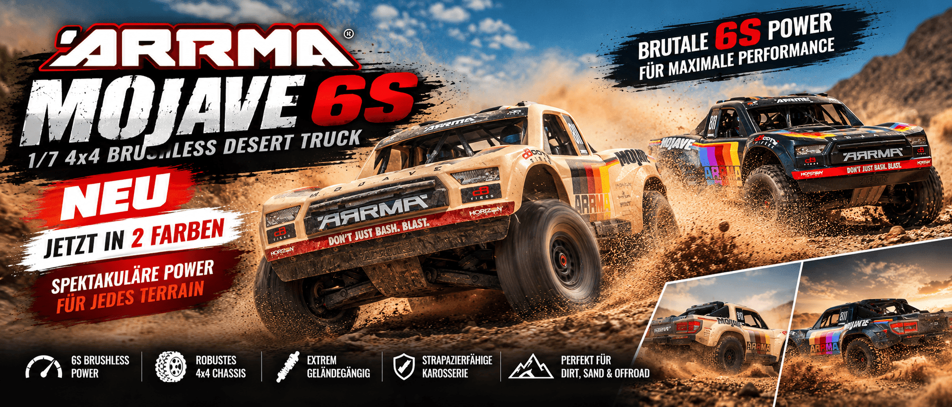 ARRMA MOJAVE 6S 1:7 RC Desert Truck – 4x4 Brushless Offroad-Modell in Beige und Blau