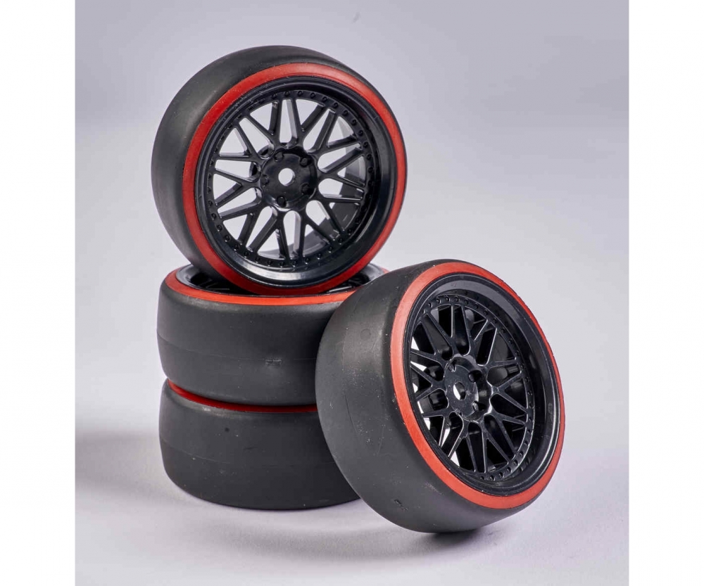 Carson 1_10 Raederset Drift _4_ Reifen _ Felge schwarz_Rot - RC-Zubehoer