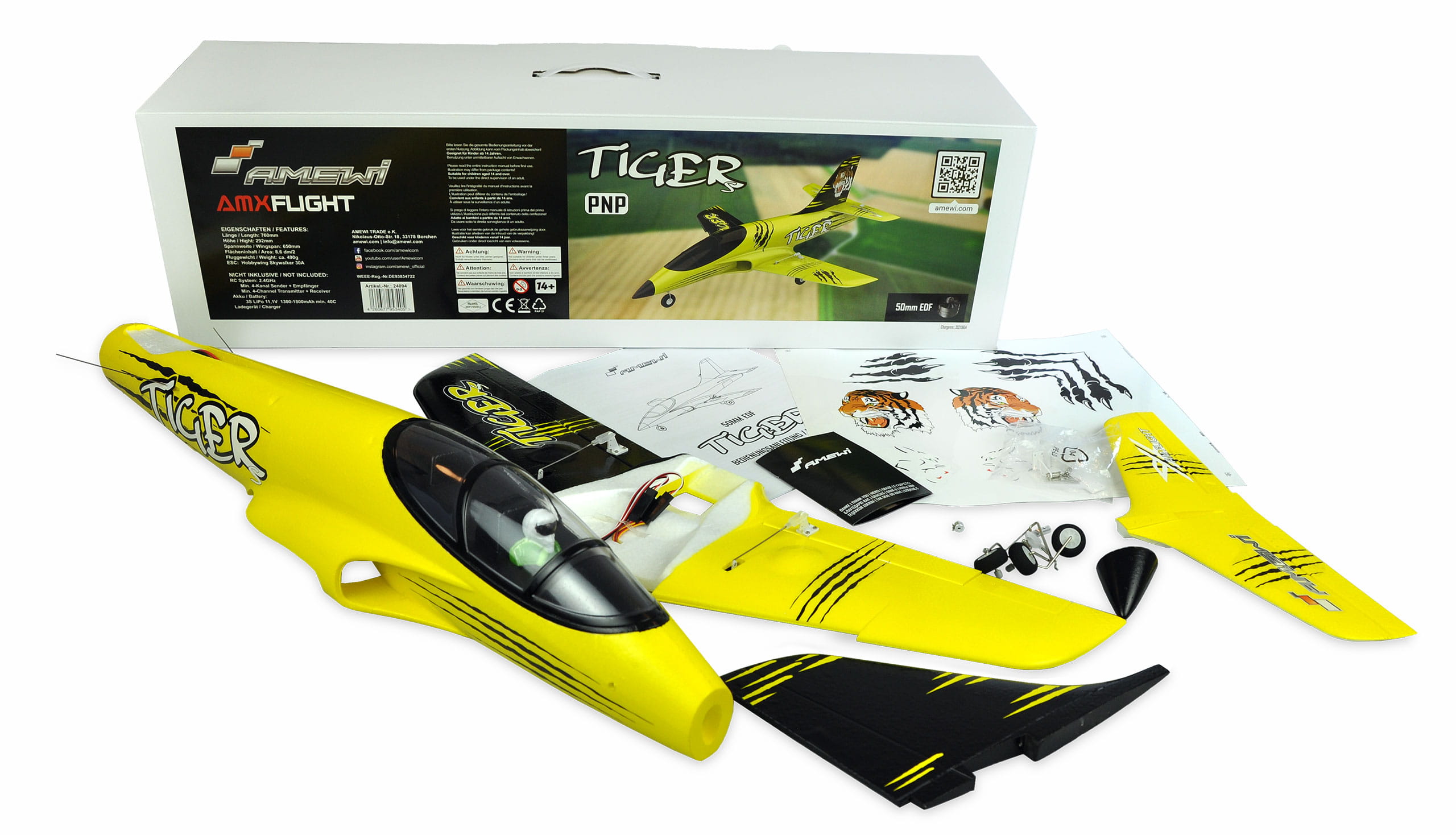 Amewi RC Flugzeug AMXFlight Tiger S Jet 55mm EDF PNP gelb