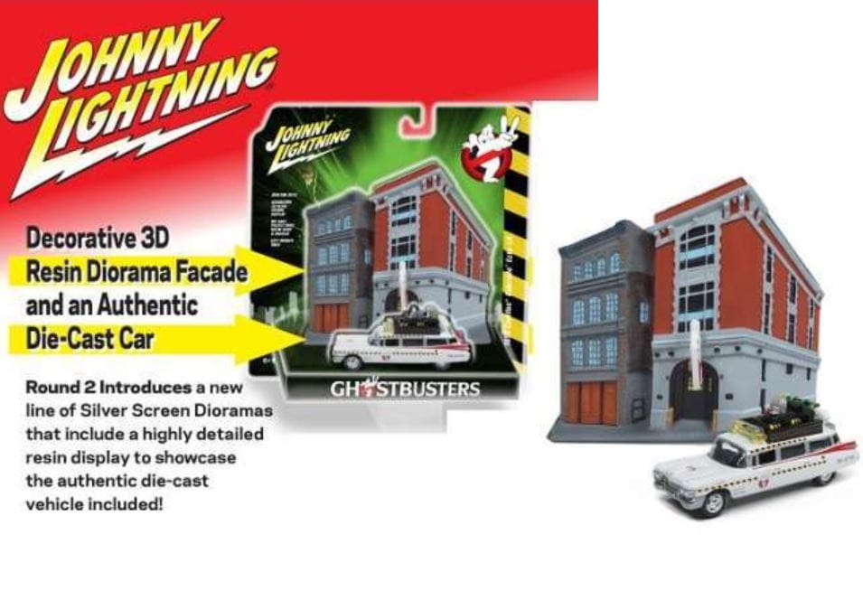 Johnny Lightning Ghostbusters II 1A 1959 Cadillac 1:64 mit Diorama Feuerwehrhaus Johnny Lightning Ghostbusters II 1A 1959 Cadillac 1:64 mit Diorama Feuerwehrhaus