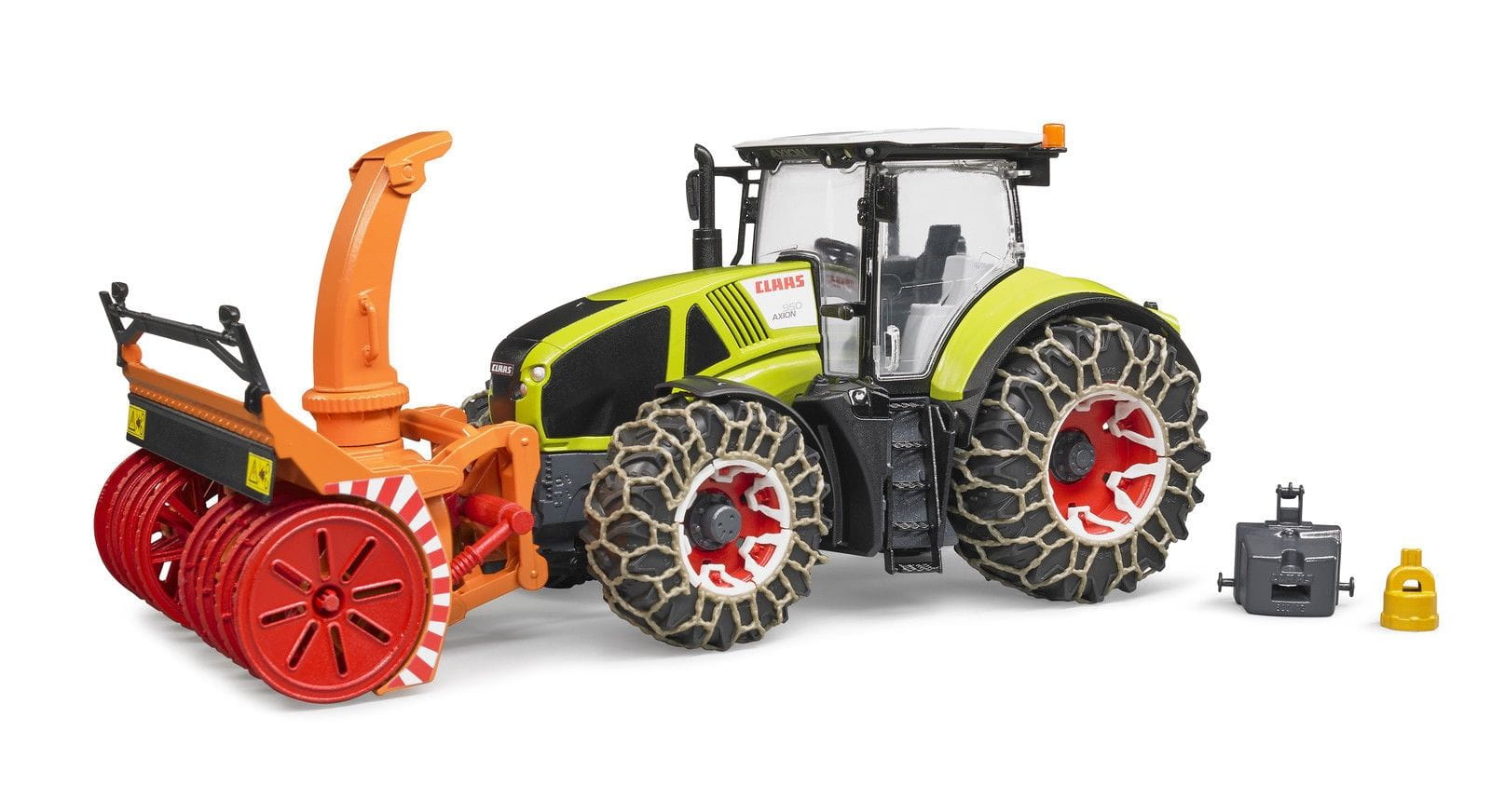 Bruder Claas Axion 950 mit Schneeketten und Schneefräse