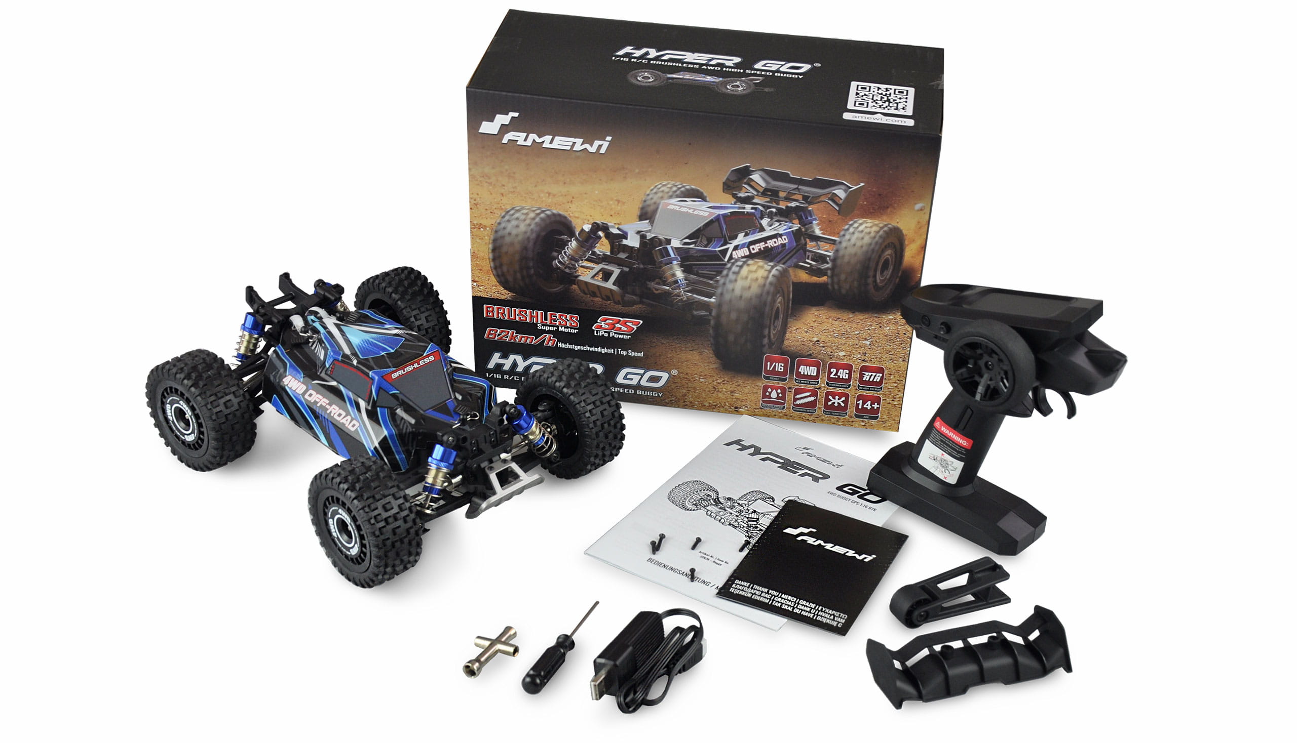 Amewi Hyper GO Buggy Brushless 3S 4WD 1_16 RTR in Blau – Offroad Buggy mit 62 km_h_ Aluminiumkompone