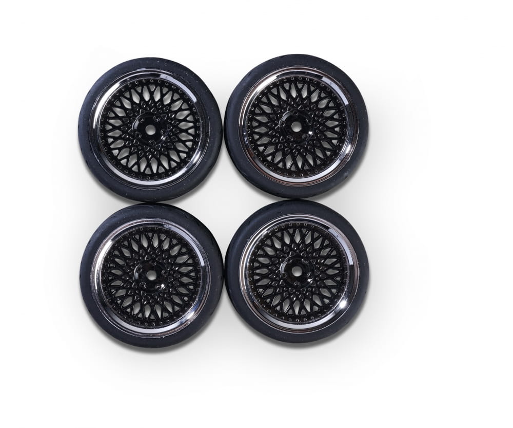 Carson Reifen mit Felgen 1_10 Raederset classic-Design _4_ schwarz _ chrom - RC-Zubehoer