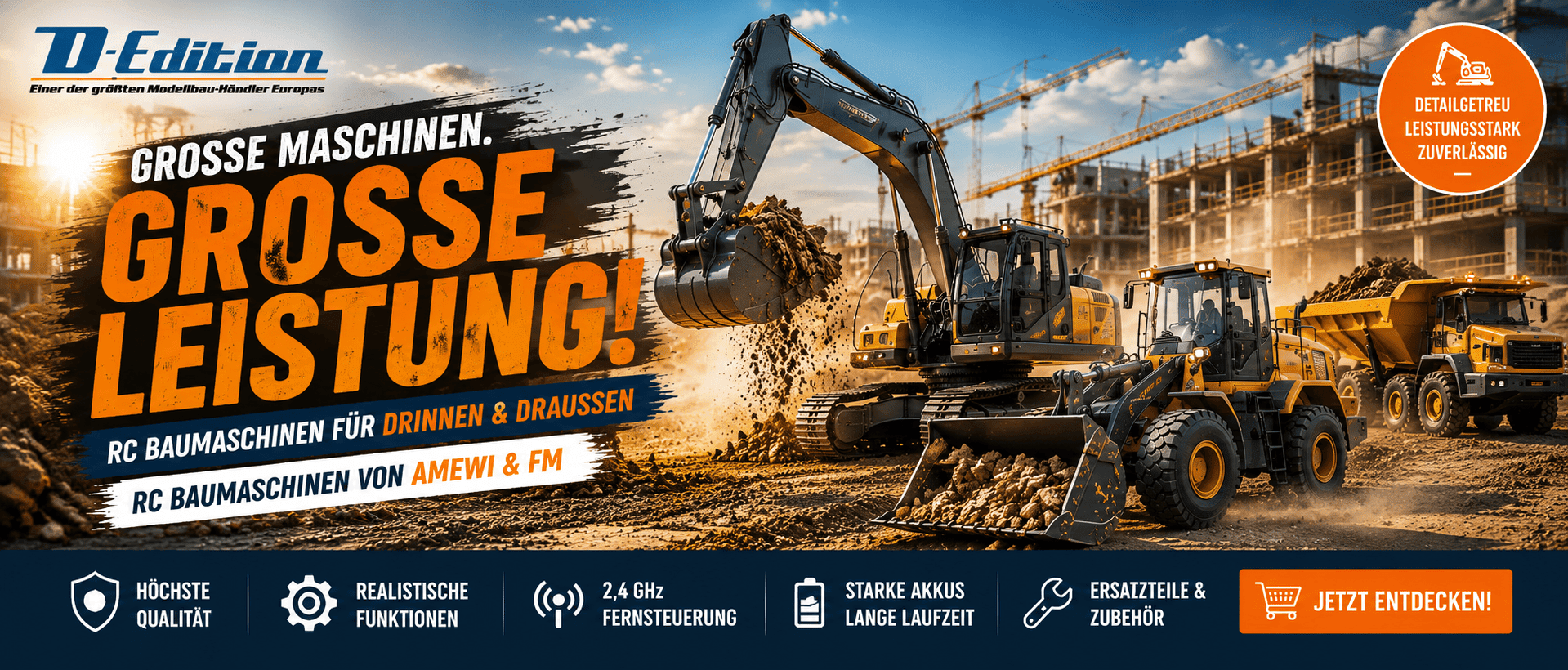 RC Baumaschinen von Amewi und FM – detailgetreue Bagger, Radlader und Muldenkipper für realistischen Baustelleneinsatz bei D-Edition.