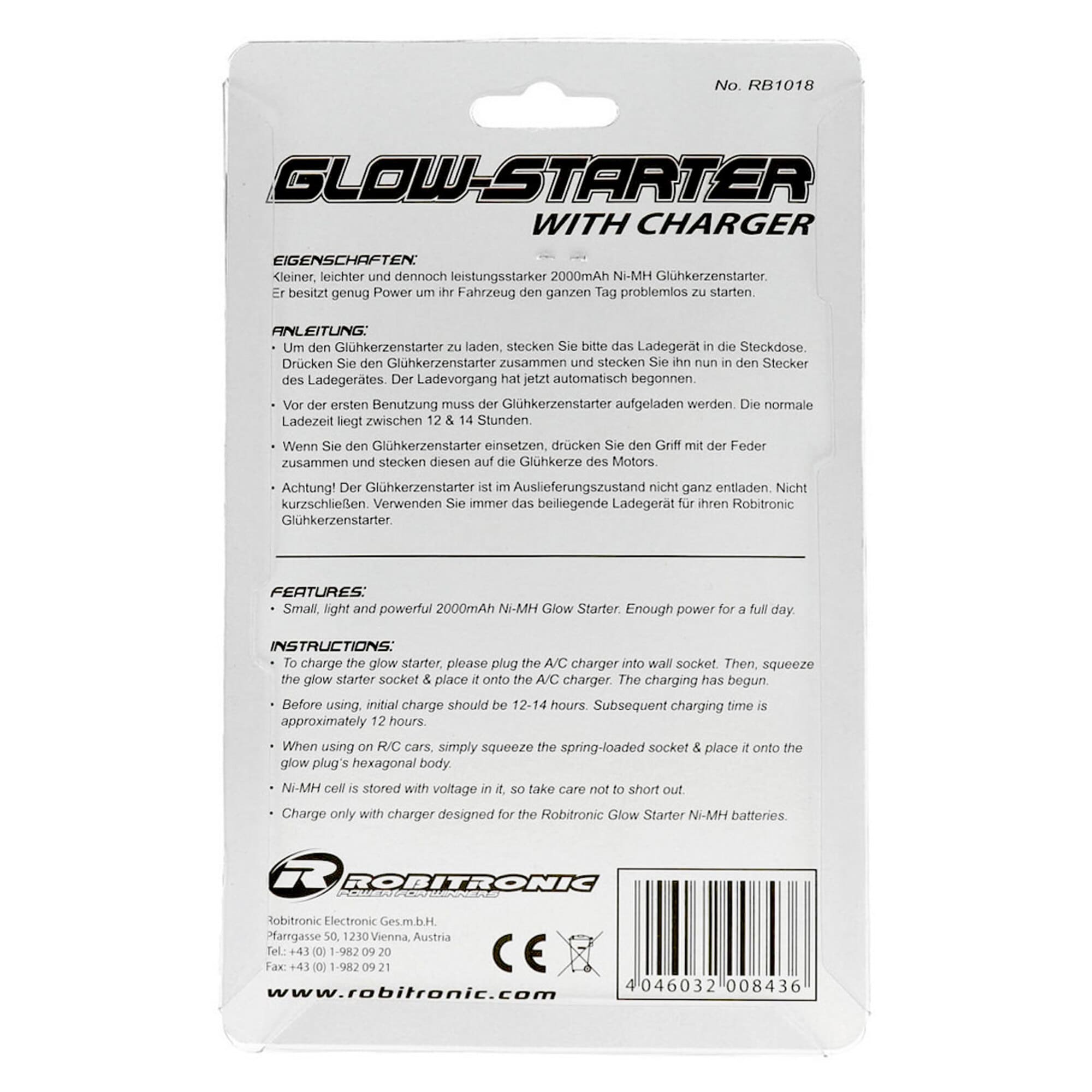 Robitronic Gluehkerzenstecker mit 2000mAh und Ladegeraet fuer RC Modelle