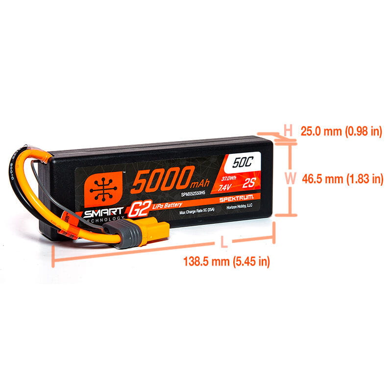 Spektrum Lipo Akku 5000mAh 2S 7,4V Smart G2 50C Hard Case IC5 Spektrum Lipo Akku 5000mAh 2S 7,4V Smart G2 50C Hard Case IC5