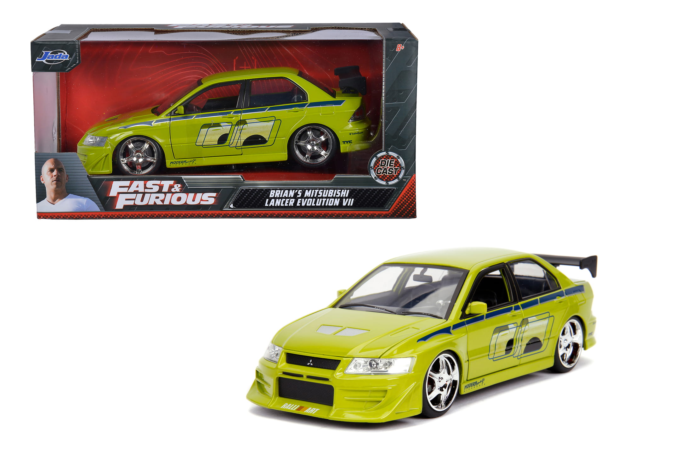 Jada Toys 2002 Mitsubishi Lancer 1_24 Fast _ Furious Modell Jada Toys Fast _ Furious 2002 Mitsubishi Lancer Modellauto 1_24 gruen-gelb_