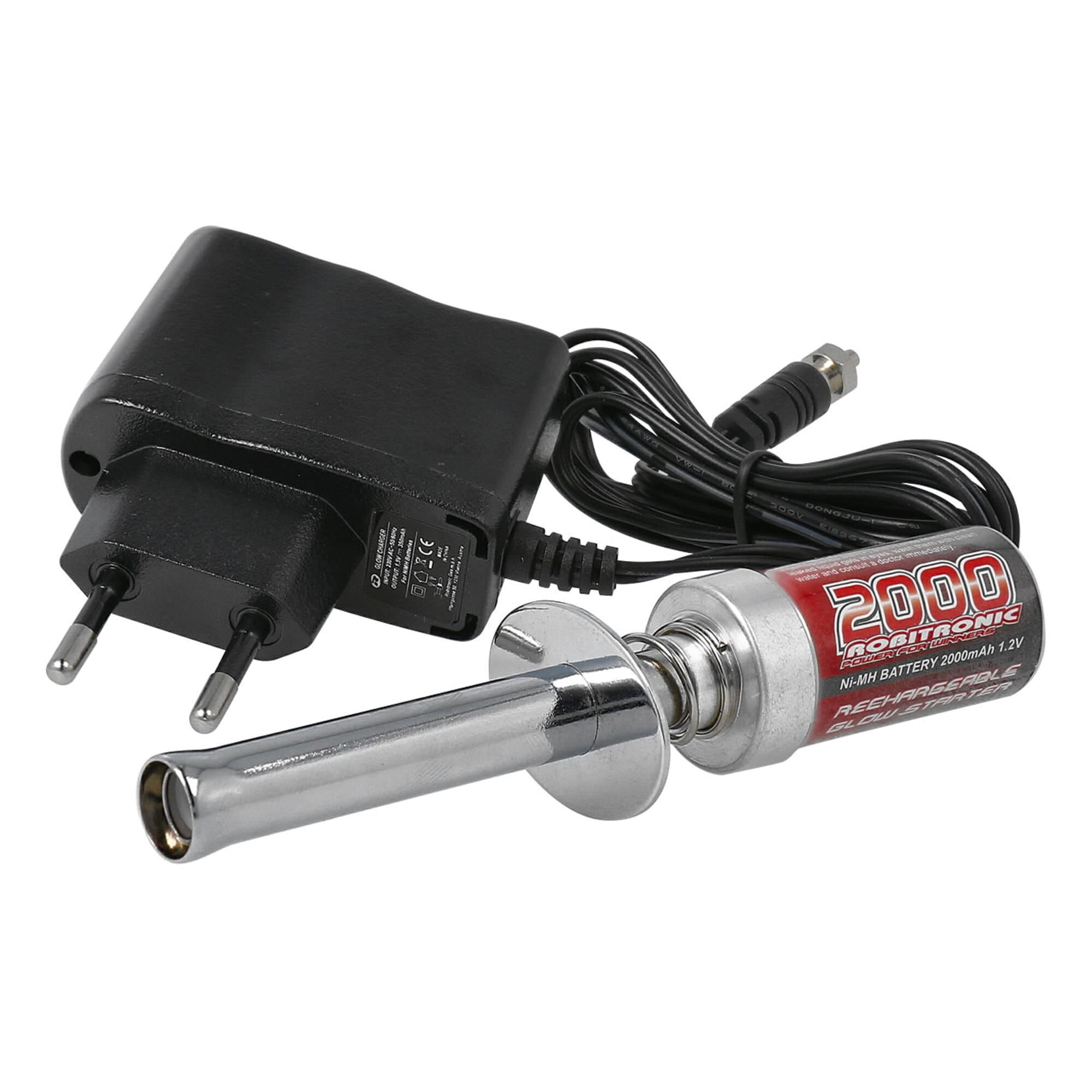 Robitronic Gluehkerzenstecker mit 2000mAh und Ladegeraet fuer RC Modelle