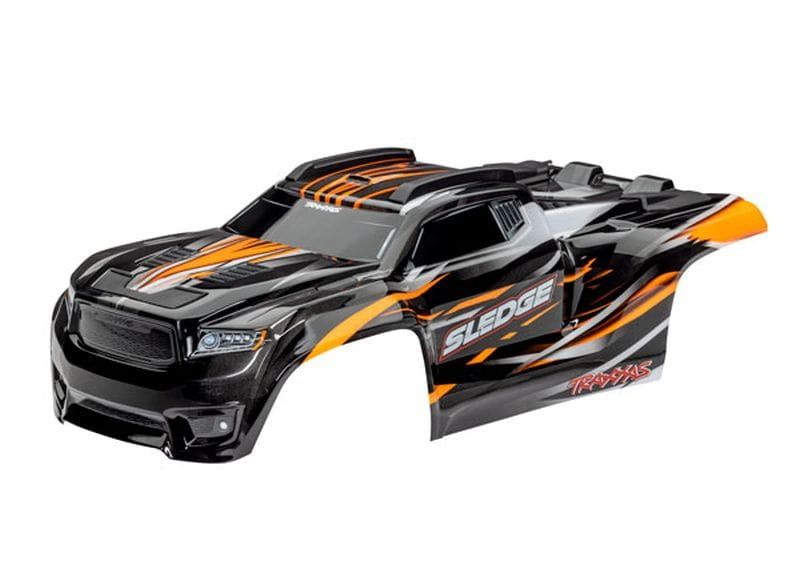 Traxxas Karosserie SledgeT orange _ mit Aufkleberbogen - montierten Cliple - RC-Zubehoer