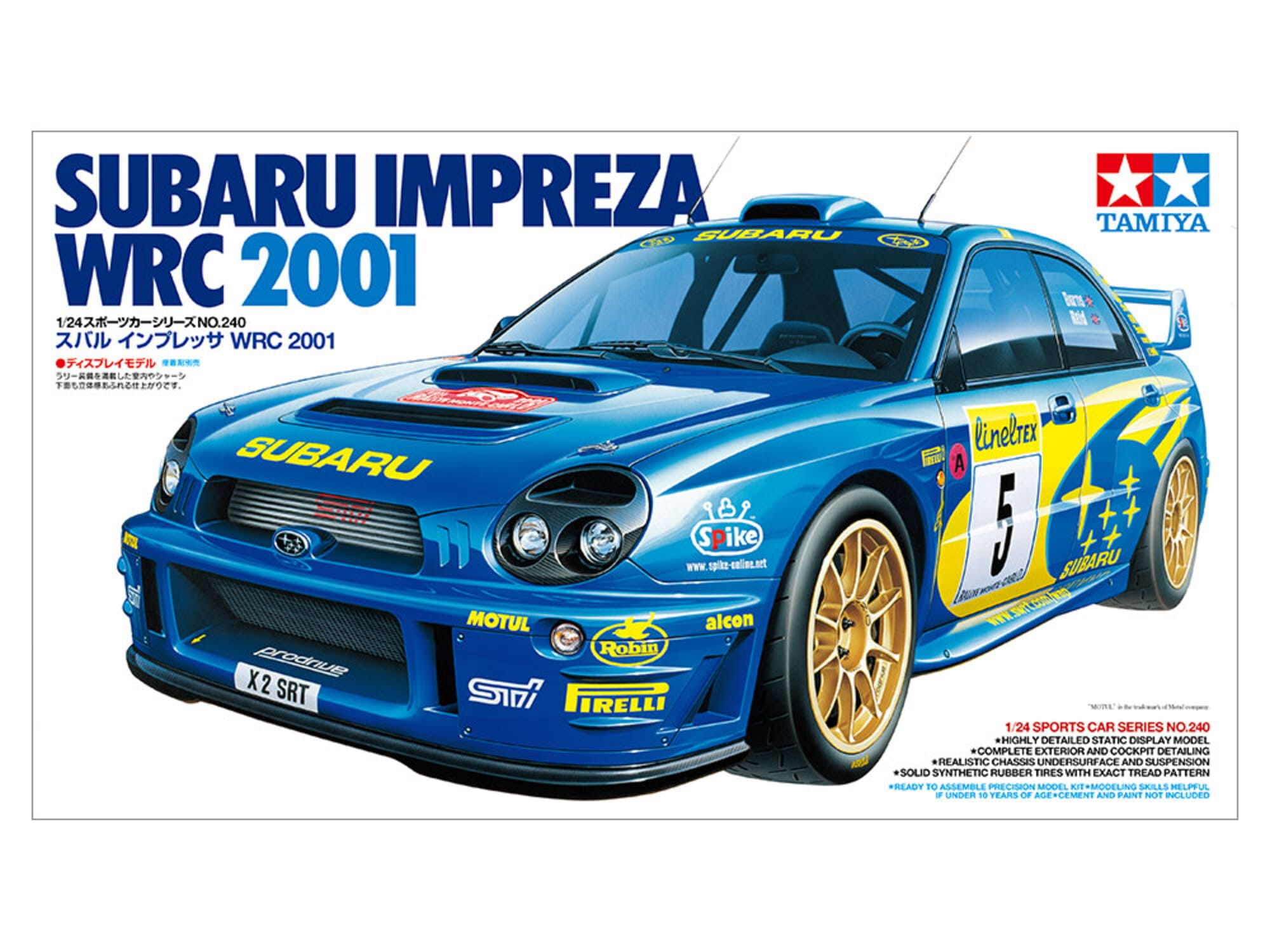 Tamiya 1_24 Subaru Impreza WRC 2001 Modellbausatz mit goldenen Raedern und detailliertem Interieur