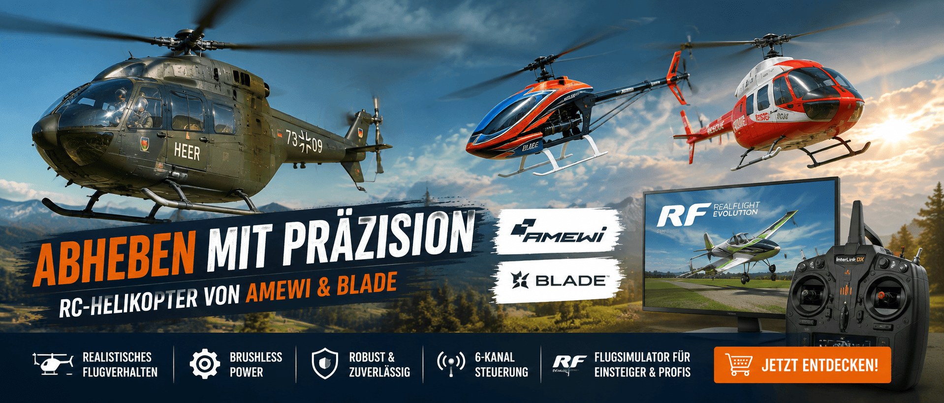 RC Hubschrauber von Amewi und Blade mit RealFlight Flugsimulator