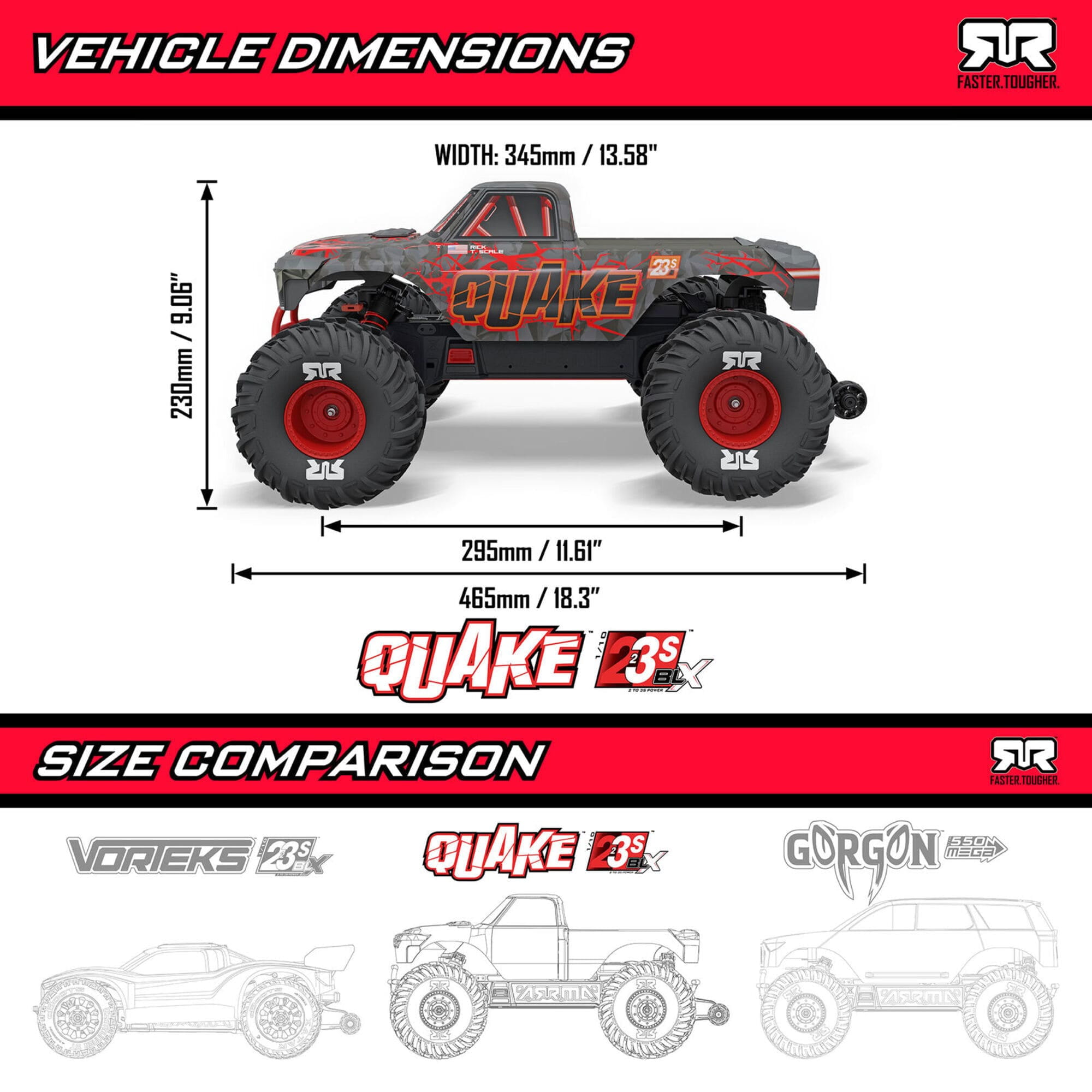ARRMA QUAKE 223S DSC 2WD RTR Brushless Monster Truck in Rot