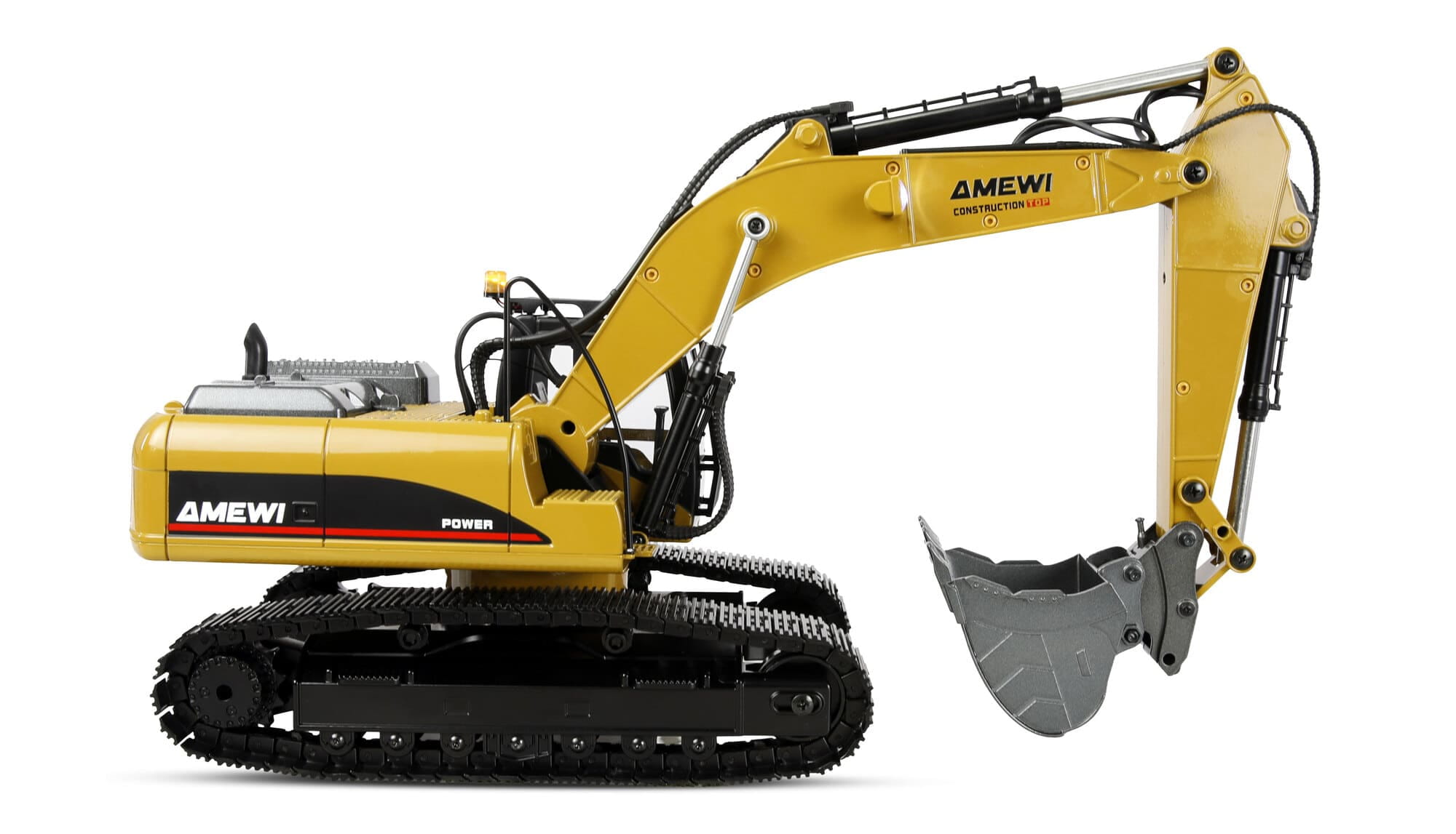 Amewi G705E Bagger Metall 1_14 RTR gelb mit Schnellwechsler und Werkzeugen