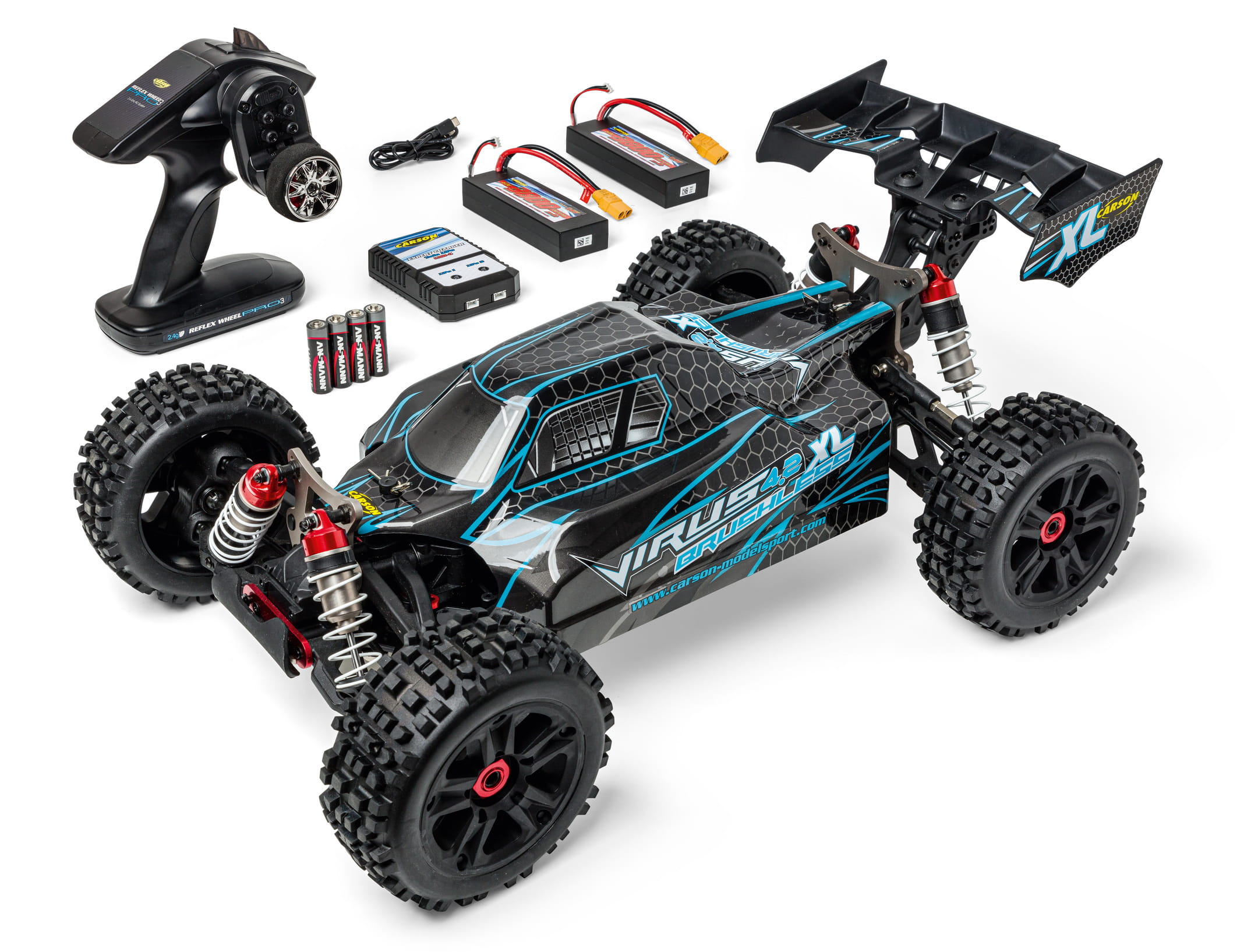 Carson 1_8 Virus 4_2 XL Brushless RTR Offroad Buggy 80 km_h - LiPo Akku und 2.4 GHz Schwarz - Tuerkis
