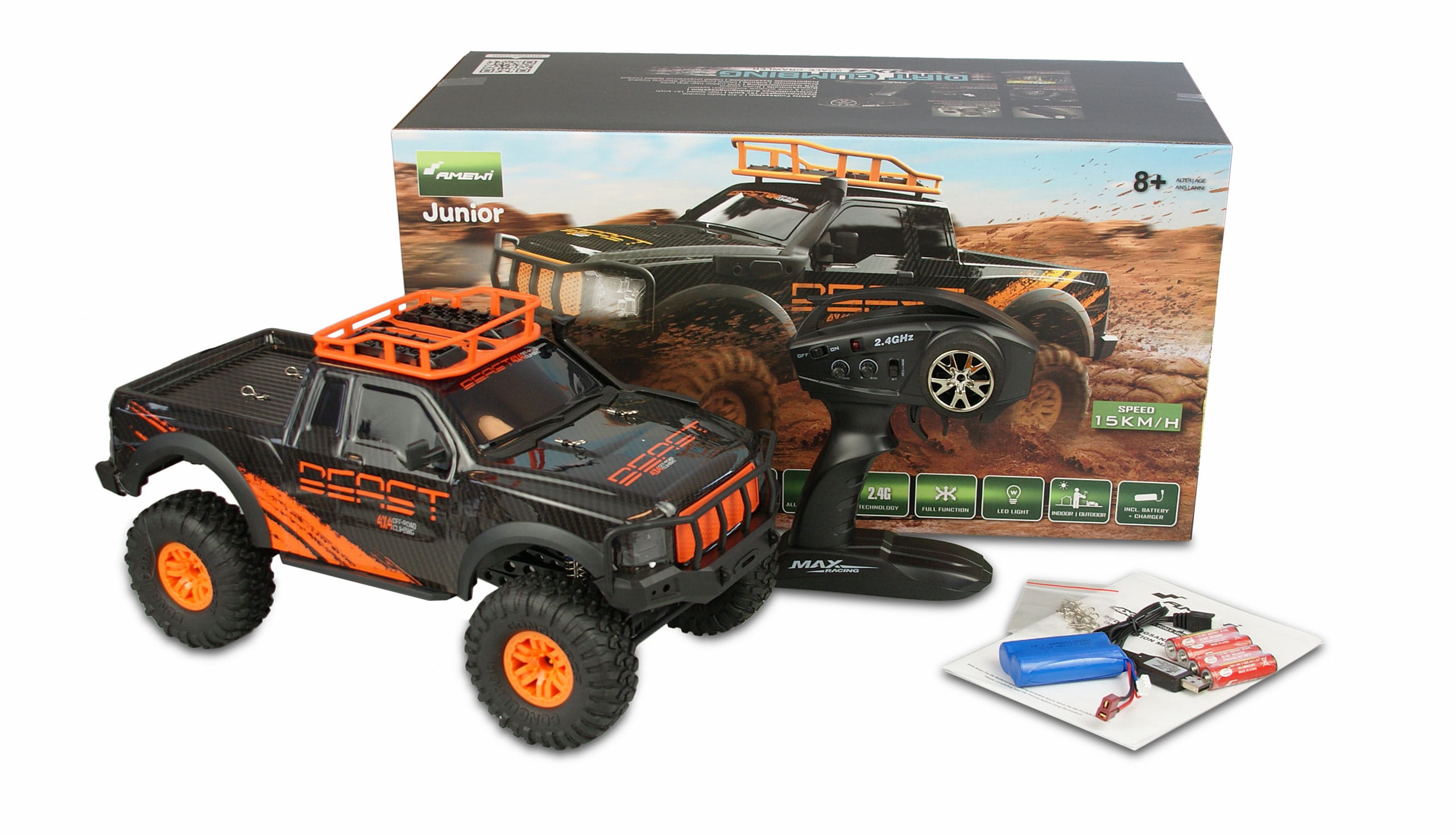 Amewi RC Dirt Climbing Beast Pick-Up Crawler 4WD 1:10 RTR, schwarz-orange