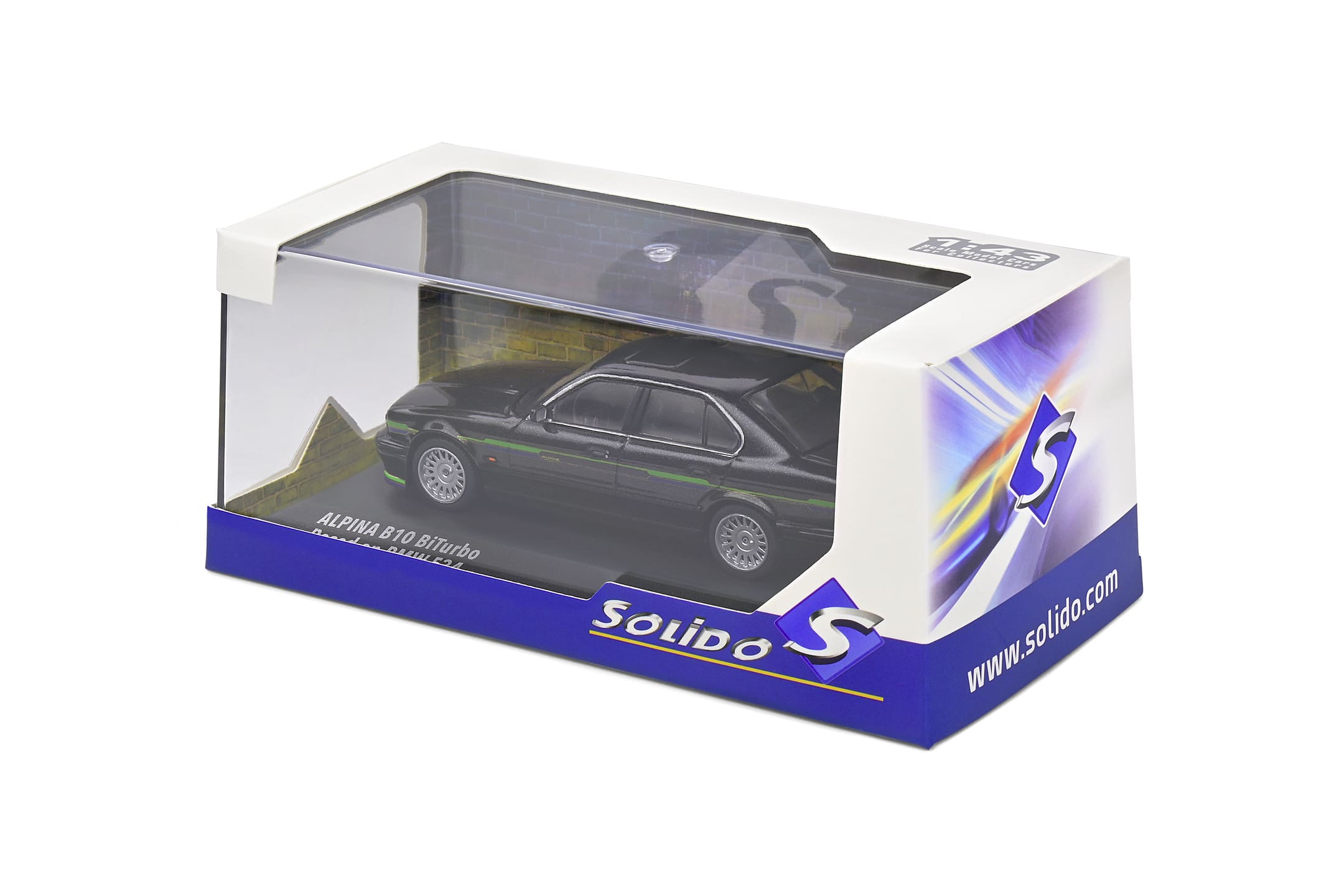 Solido 1_43 Alpina B10 BiTurbo 1994 Modellauto schwarz mit gruenen Streifen - Detailgetreu