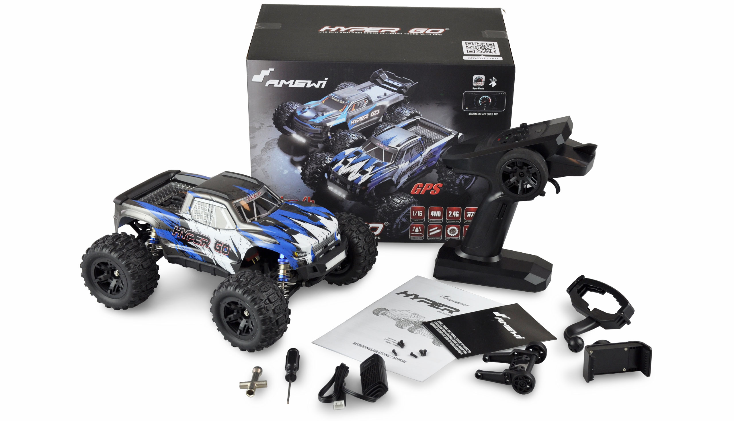 Amewi Hyper GO Monstertruck 4WD GPS 1_16 RTR – Brushed_ Wheelie-Modus_ LED-Beleuchtung