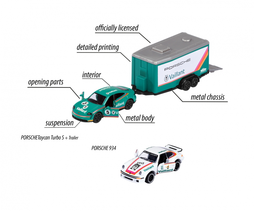 Majorette Car Trailer w. Porsche Taycan + 934