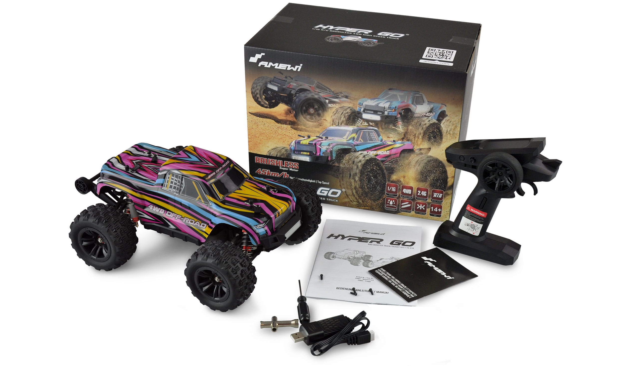 Amewi Hyper GO Monstertruck Brushless 4WD 1_16 RTR Blau rot Offroad Amewi Hyper GO Monstertruck Brushless 4WD 1_16 RTR – Blau_rot - Offroad Racing Modell