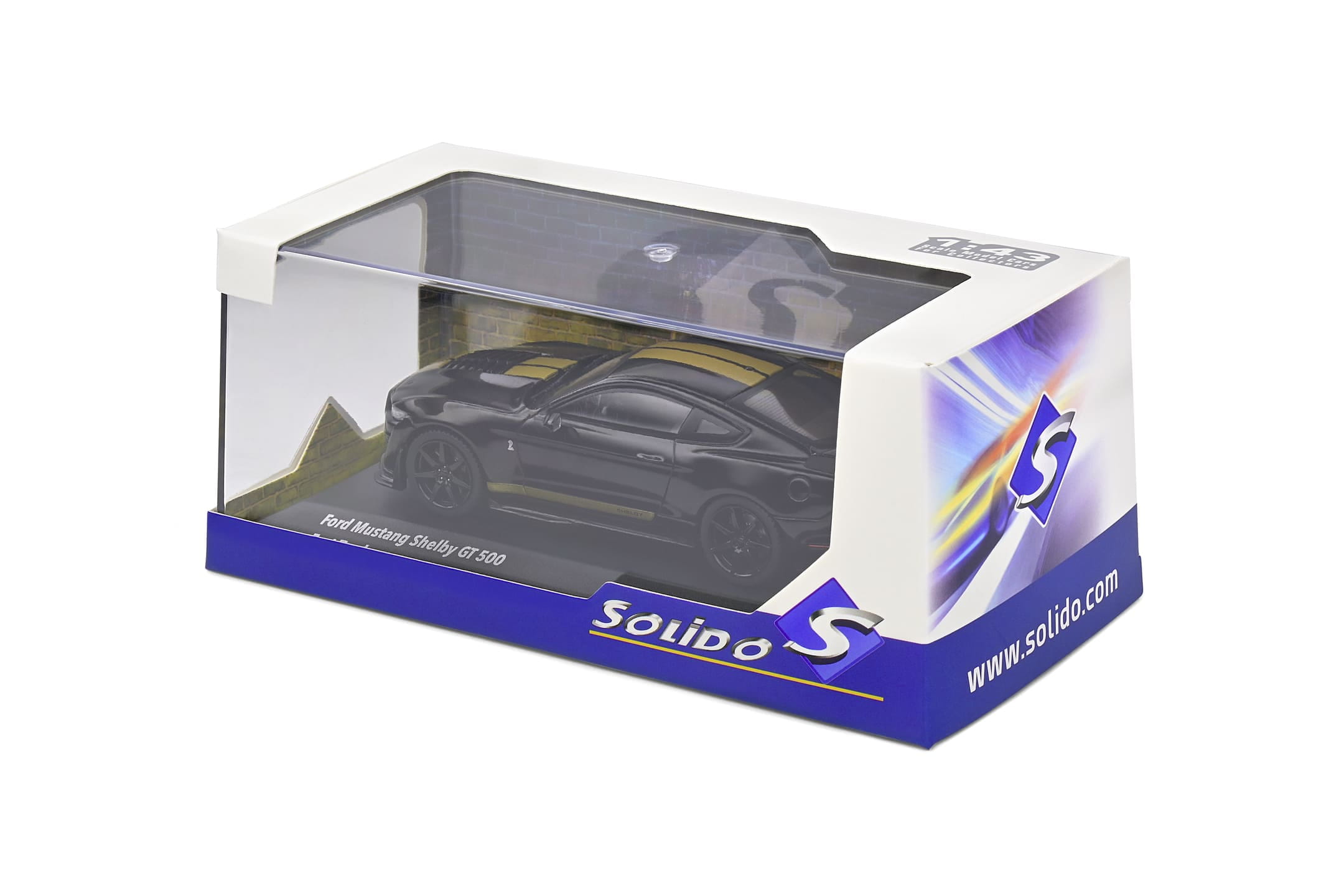 Solido 1_43 Shelby Mustang GT500 2020 Modellauto in Schwarz mit Goldstreifen_ Detailgetreu