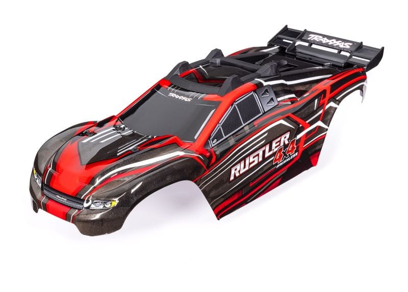 Traxxas Karosserie Rustler 4x4 rot mit Aufkleber mit Karo Halterung - RC-Zubehoer