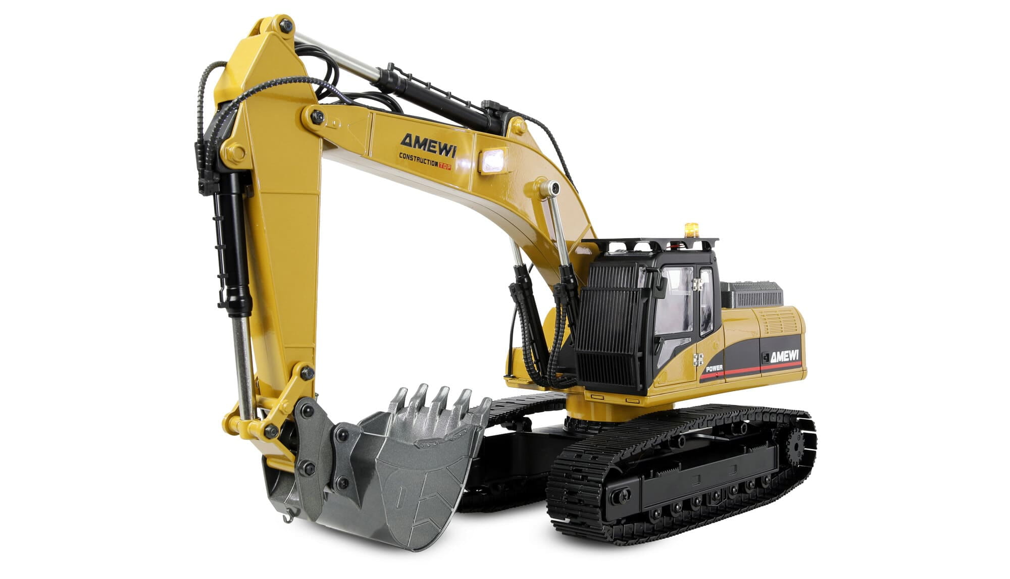 Amewi G705E Bagger Metall 1_14 RTR gelb mit Schnellwechsler und Werkzeugen