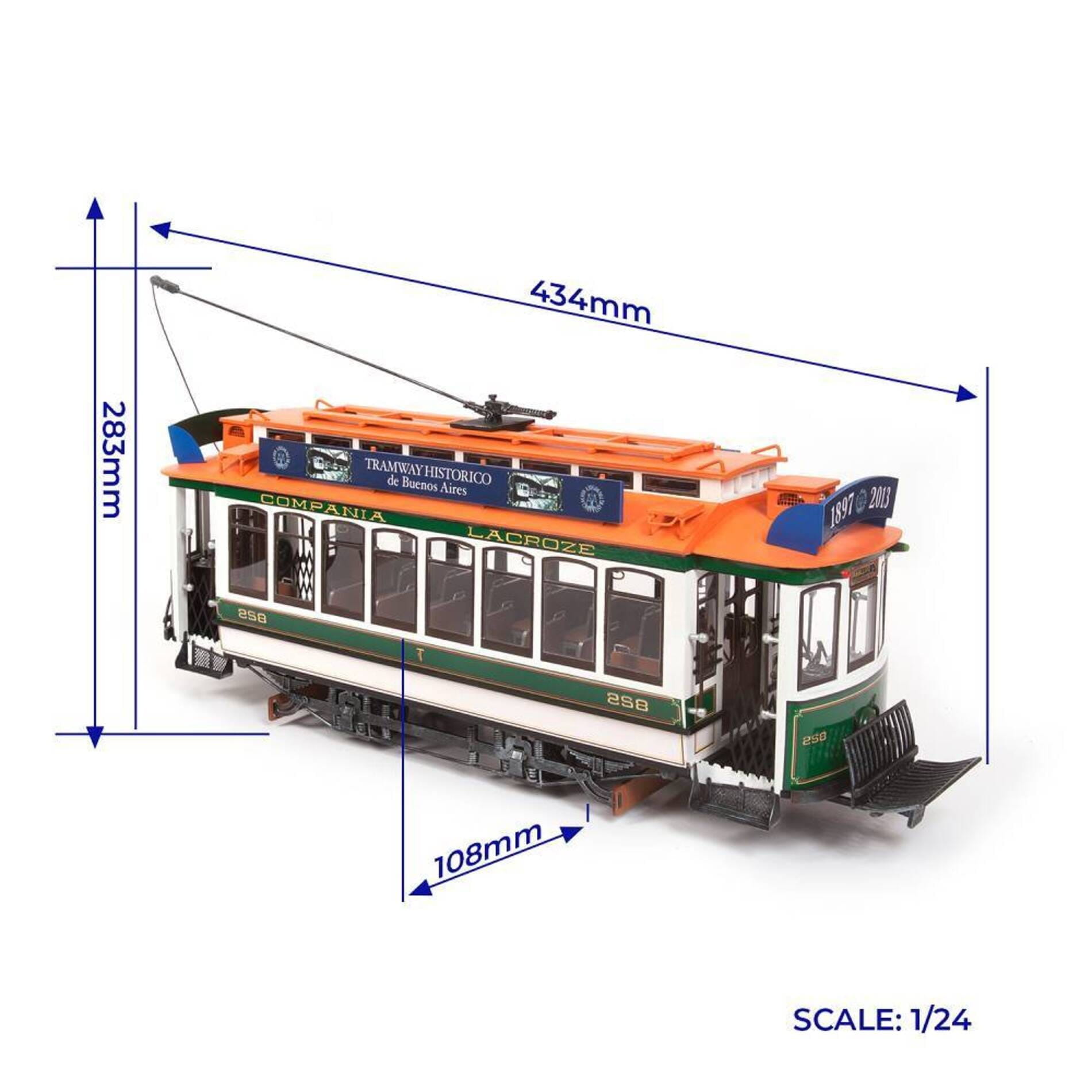 Detailreicher Holzmodellbausatz der Buenos Aires Strassenbahn im Massstab 1_24 von OcCre