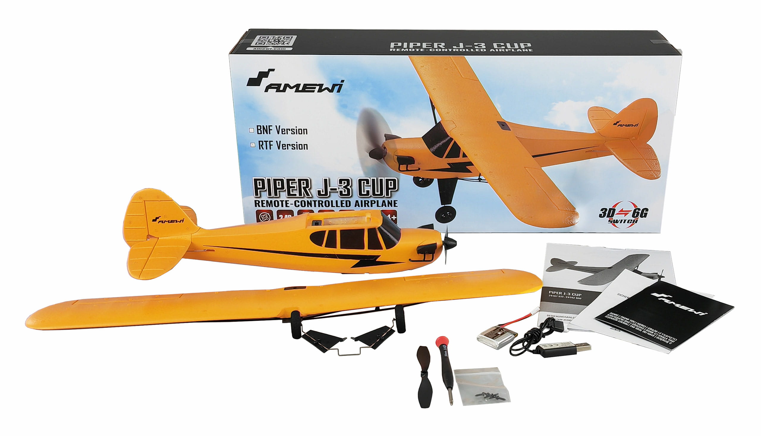 Amewi RC Flugzeug Piper J-3 Cup mit Gyro 3-Kanal BNF gelb