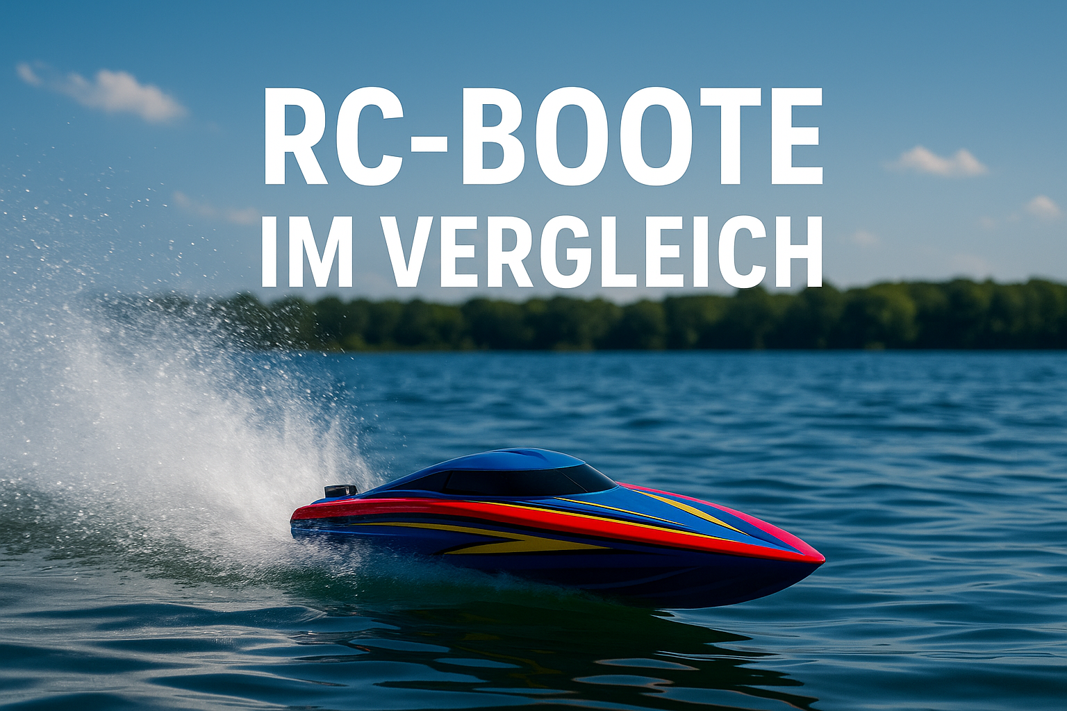 RC-Boot fährt mit hoher Geschwindigkeit über einen See bei Sonnenschein
