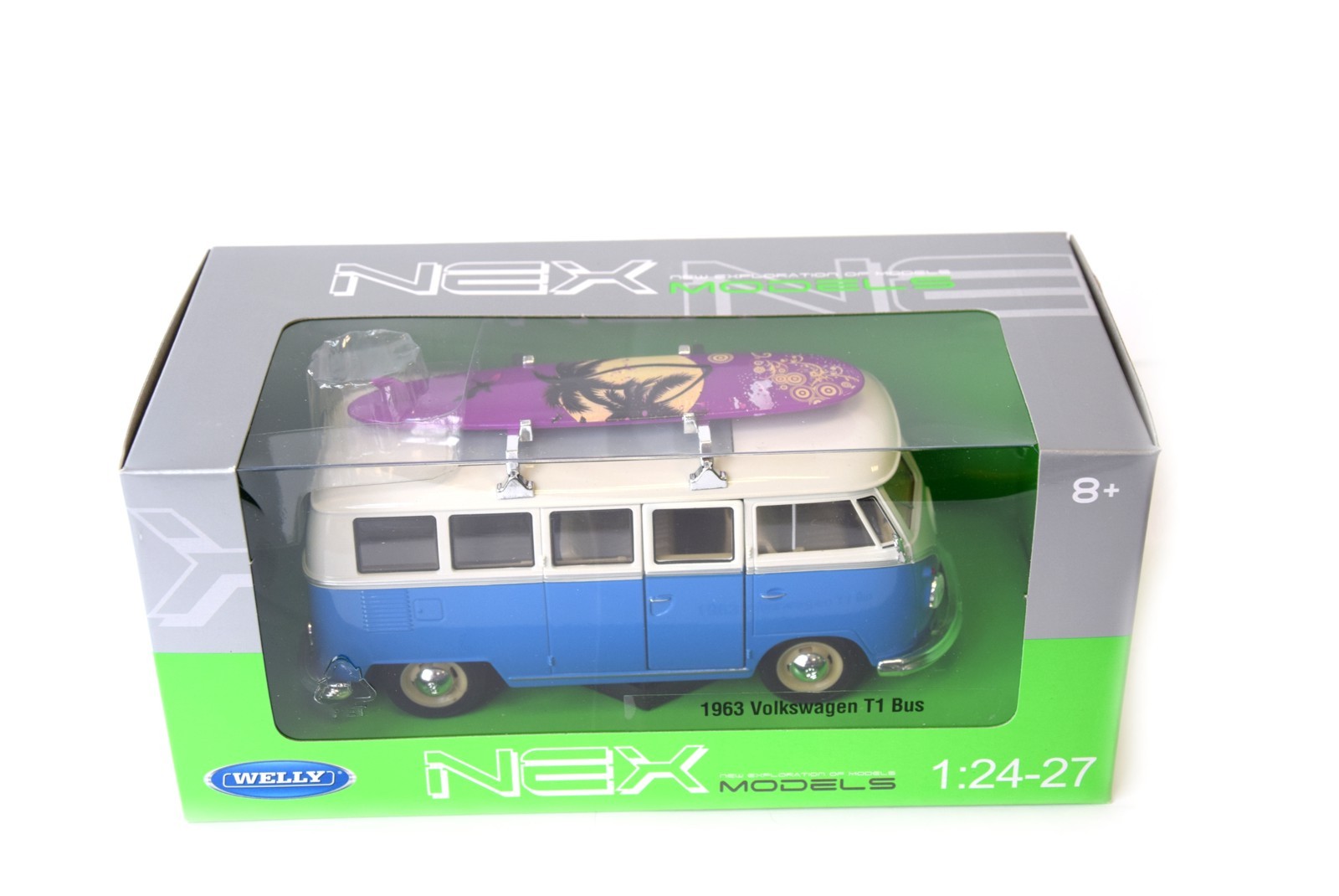 Welly Modellauto 1:24 1963 VW Volkswagen T1 Bus Blau-Weiss mit Surfbrett