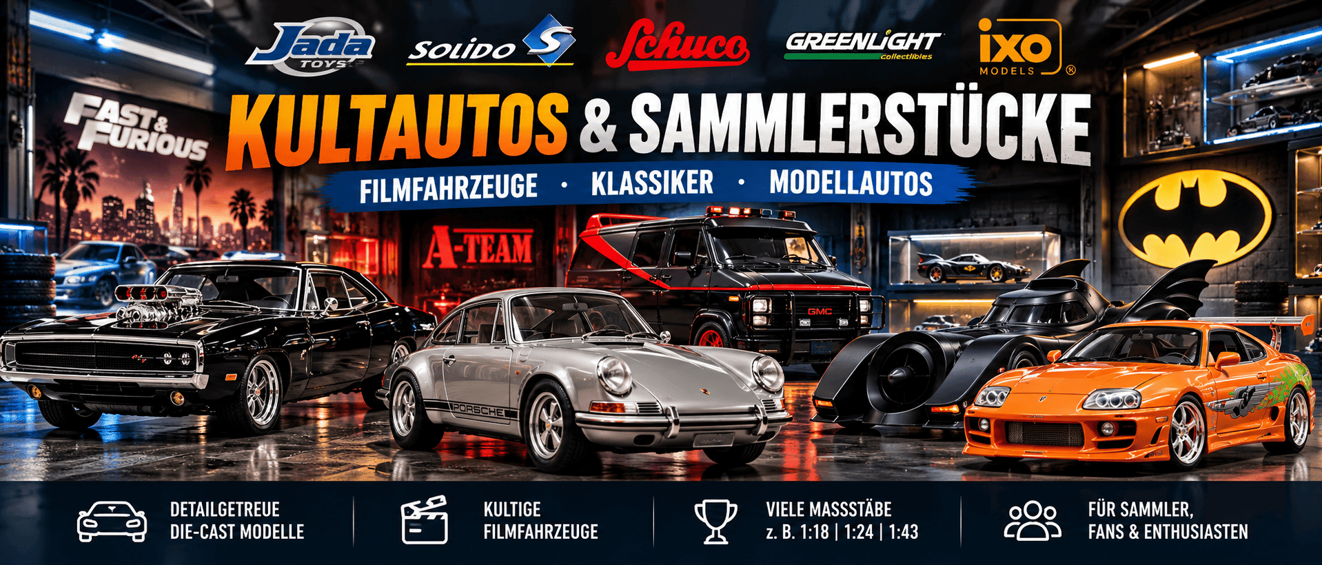 Modellautos von Solido, Schuco, Jada Toys, IXO und GreenLight – Klassiker und Filmfahrzeuge
