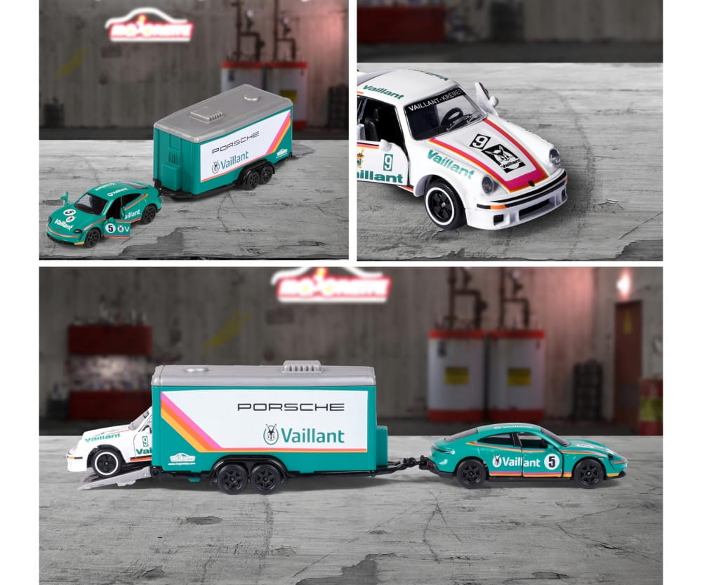 Majorette Car Trailer w. Porsche Taycan + 934