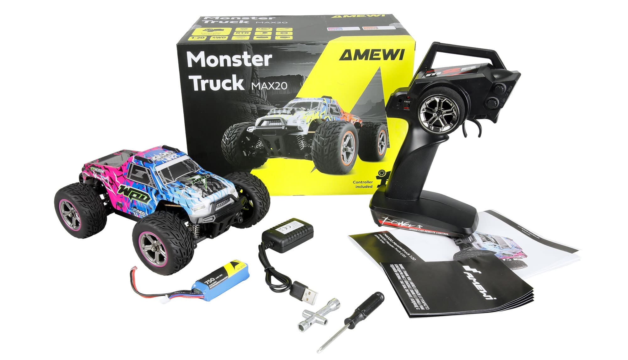 Amewi MAX20 Monstertruck Brushed 4WD 1_20 RTR blau_pink RC Fahrzeug - Art_-Nr. 22700