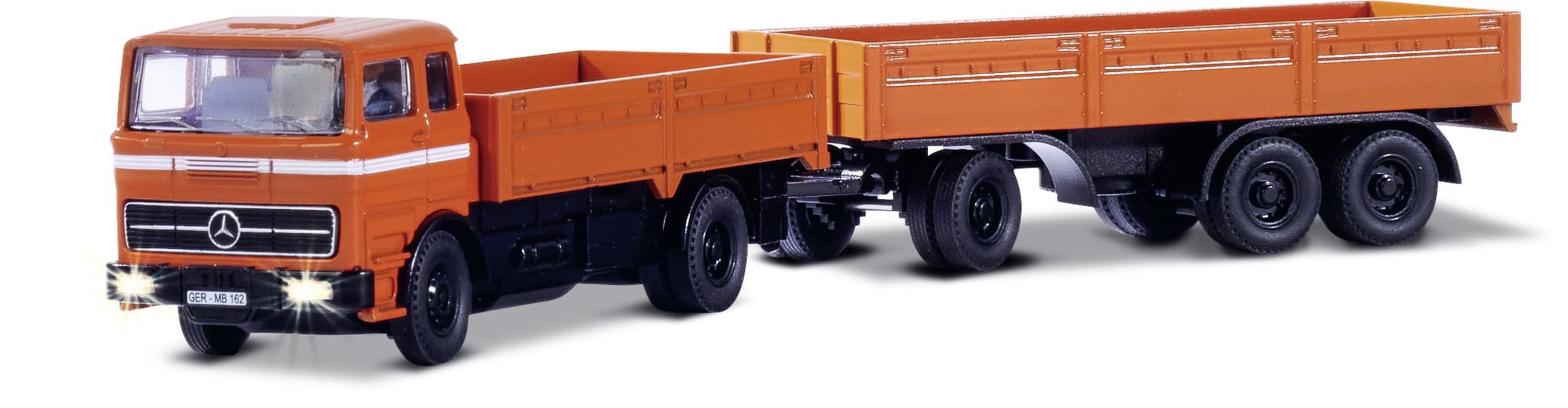 Carson MB 1620 Pritsche 1_87 RTR orange Carson MB 1620 Pritsche mit Anhaenger 1_87 RTR orange fuer H0 Modellbahn_