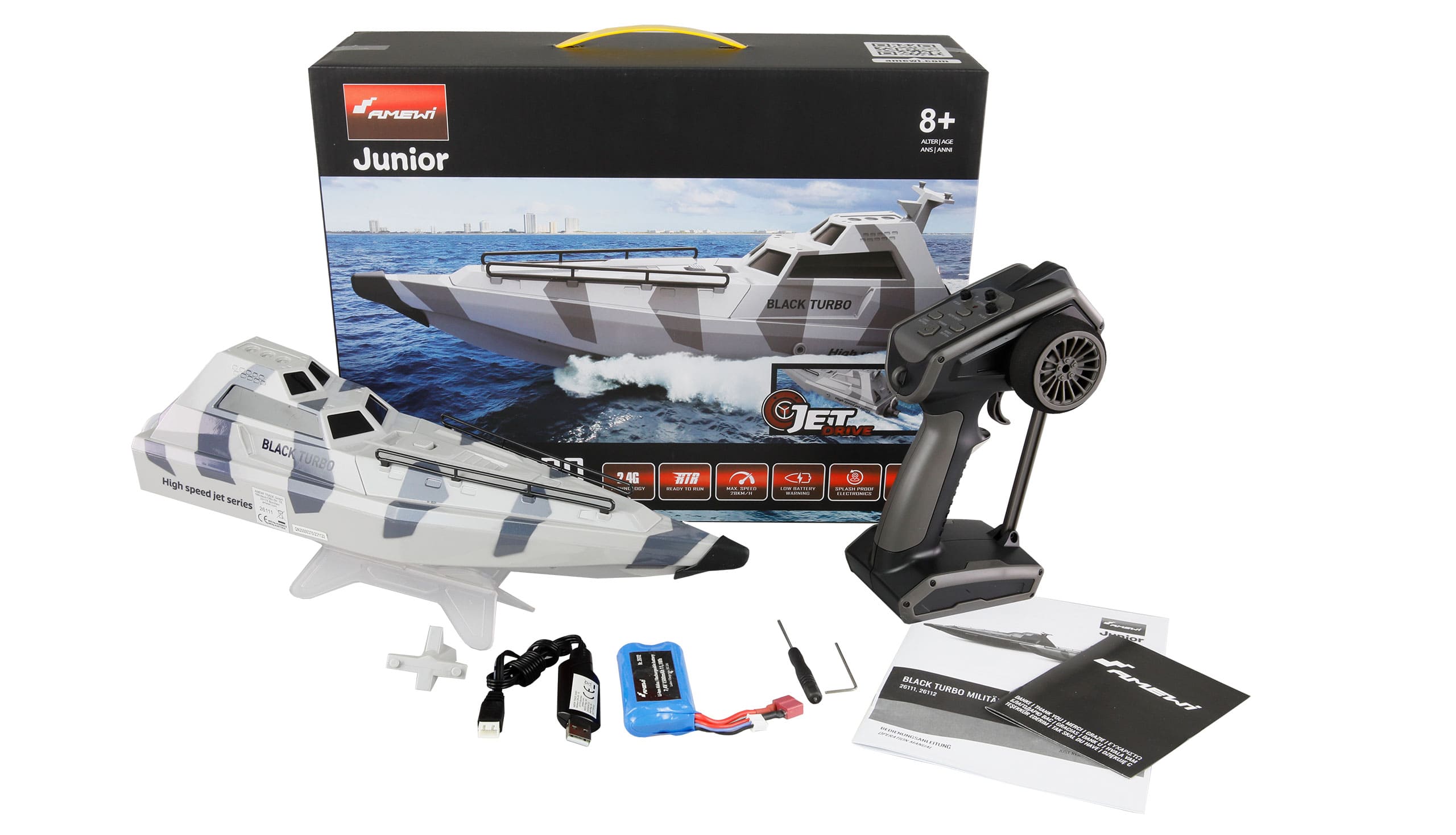 Amewi RC Black Turbo Militaerboot mit Jetantrieb 420mm RTR camouflage-grau - RC-Zubehoer