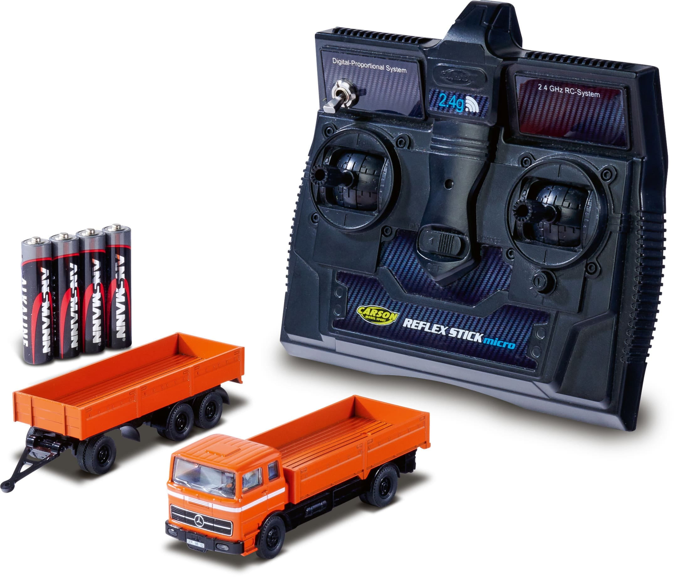 Carson MB 1620 Pritsche mit Anhaenger 1_87 RTR orange fuer H0 Modellbahn_