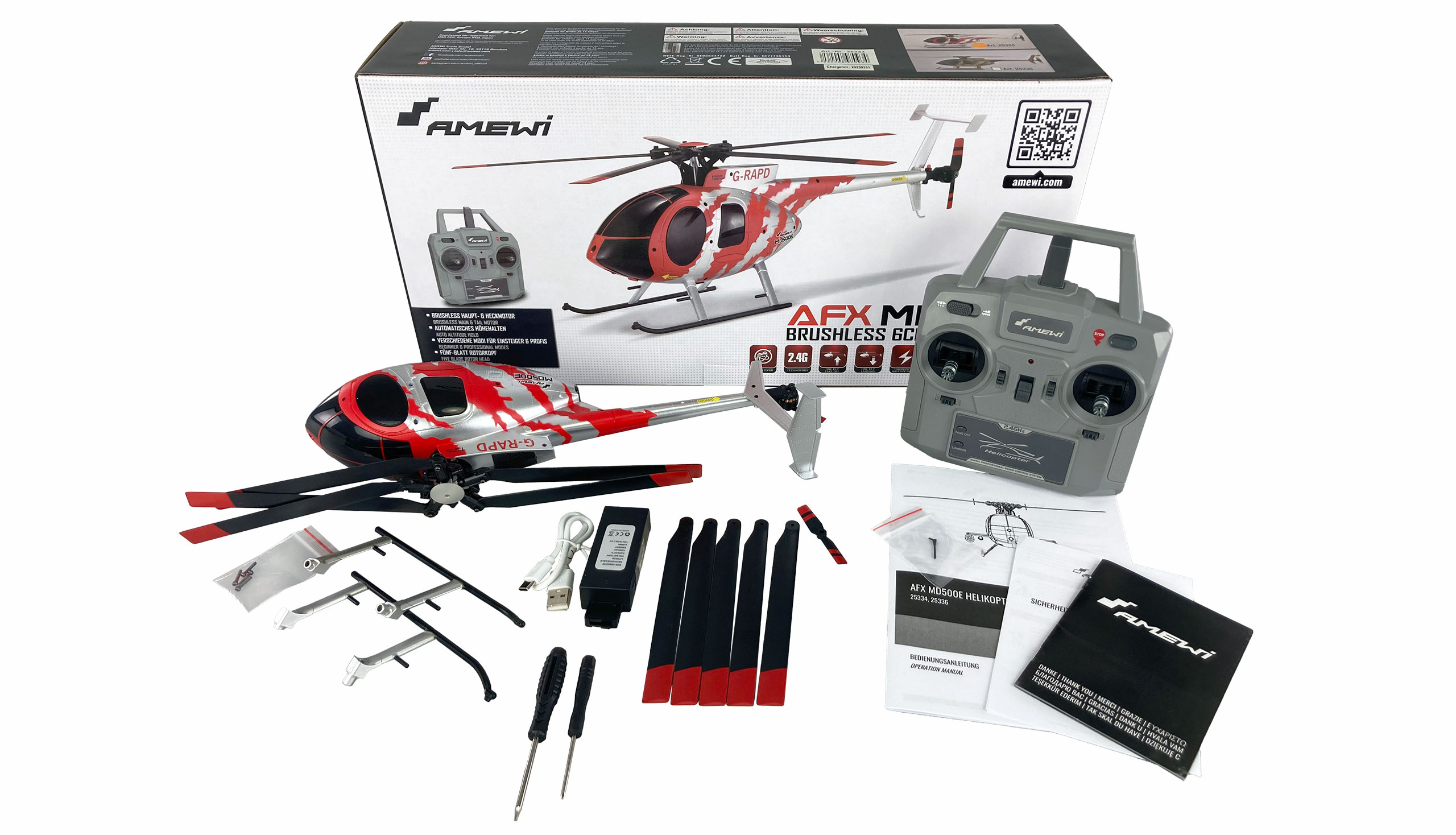 Amewi RC Hubschrauber AFX MD500E Zivil Brushless 4-Kanal 325mm 6G RTF rot/silber