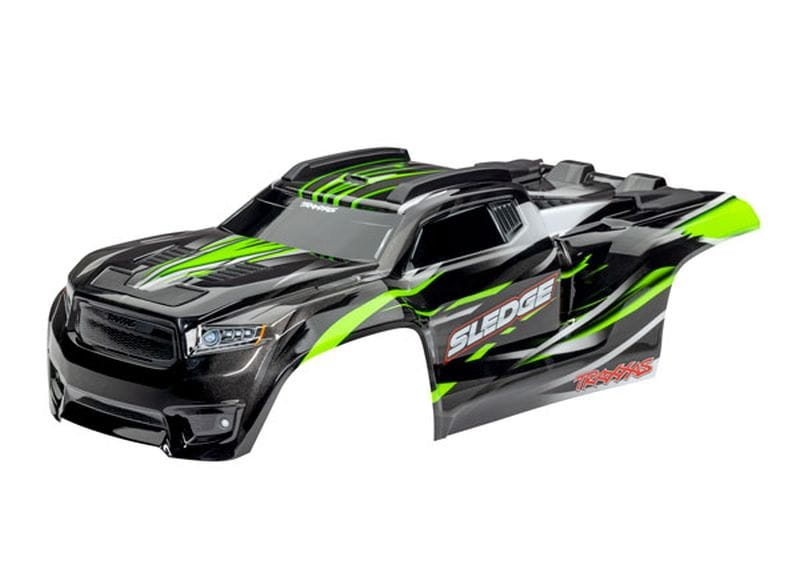 Traxxas Karosserie SledgeT gruen _ mit Aufkleberbogen - montierten Clipless - RC-Zubehoer Traxxas Karosserie SledgeT gruen _ mit Aufkleberbogen - montierten Clipless - RC-Zubehoer