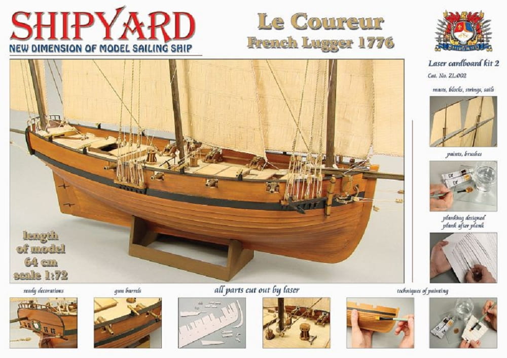 Shipyard Le Coureur French Lugger 1776 Schiff Laser Cut 1:72 Kartonbausatz