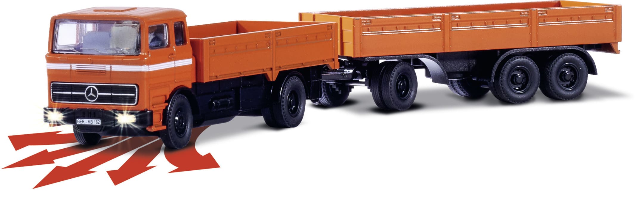 Carson MB 1620 Pritsche 1_87 RTR orange Carson MB 1620 Pritsche mit Anhaenger 1_87 RTR orange fuer H0 Modellbahn_
