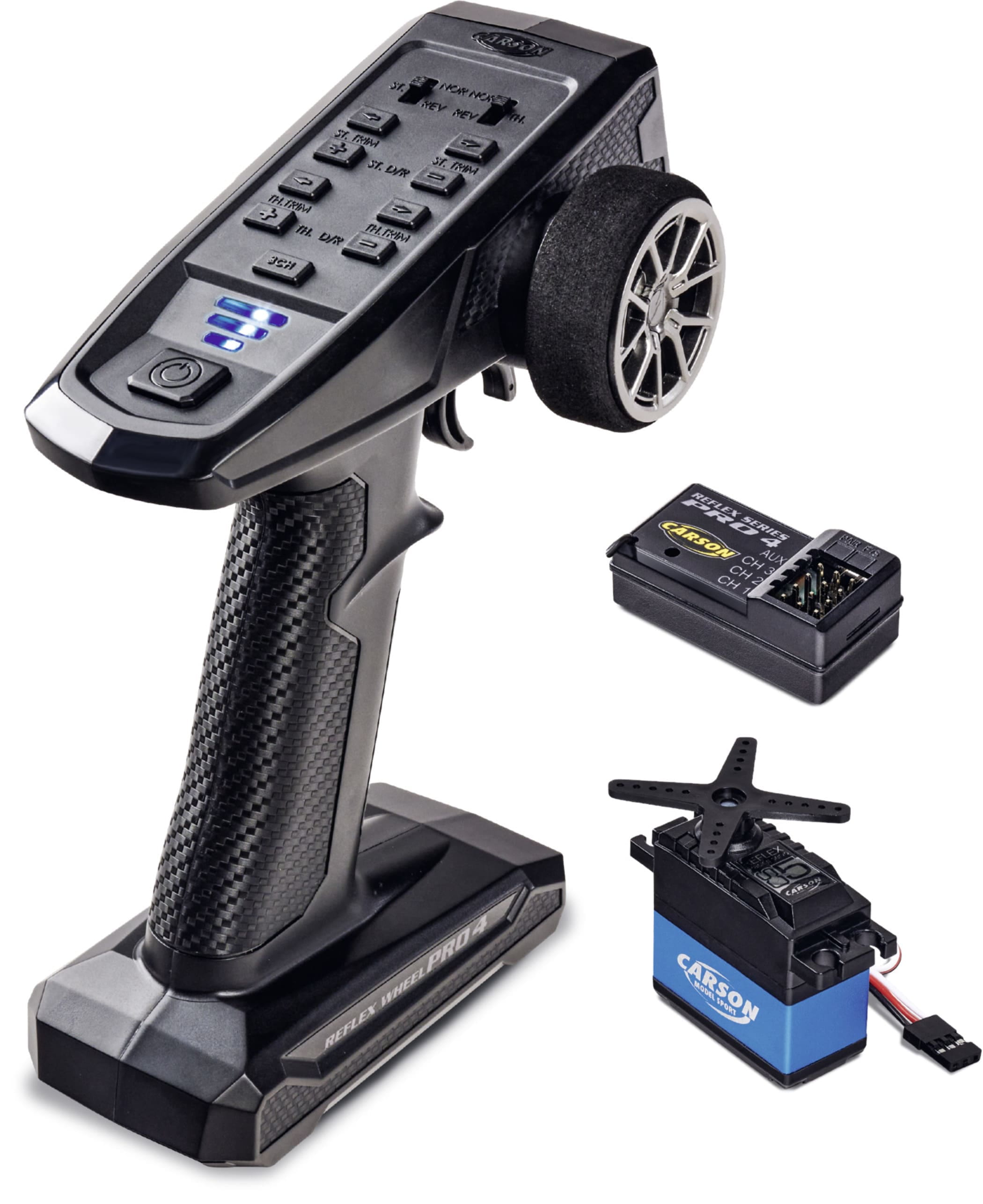 Carson Reflex Wheel Pro 4 Fernsteuerung mit Servo 5kg Carson Reflex Wheel Pro 4 Fernsteuerung mit 5kg Servo fuer RC Modelle