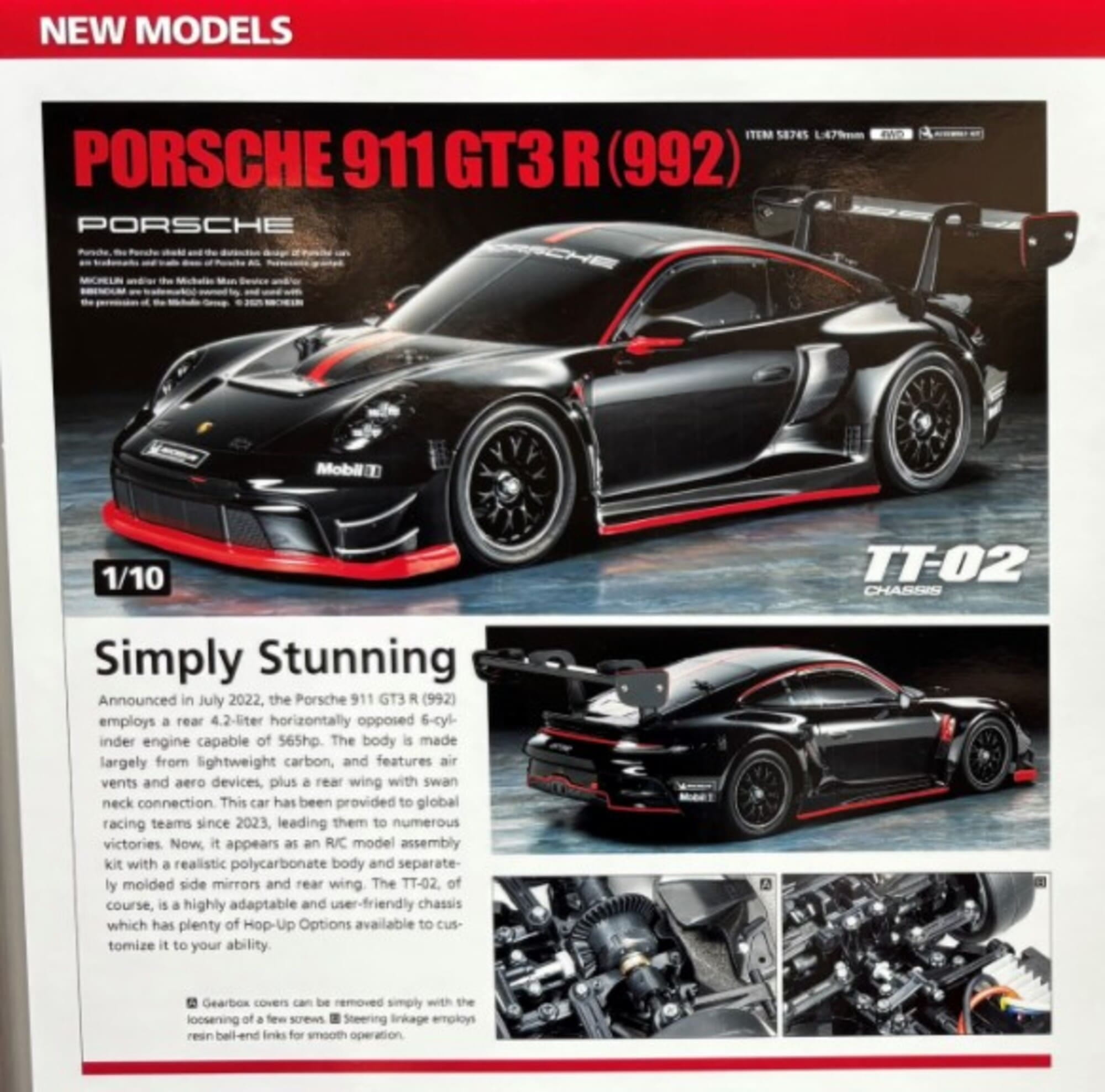 Tamiya RC Modell Porsche 911 GT3R 992 mit TT-02 Chassis und vorlackierter Karosserie