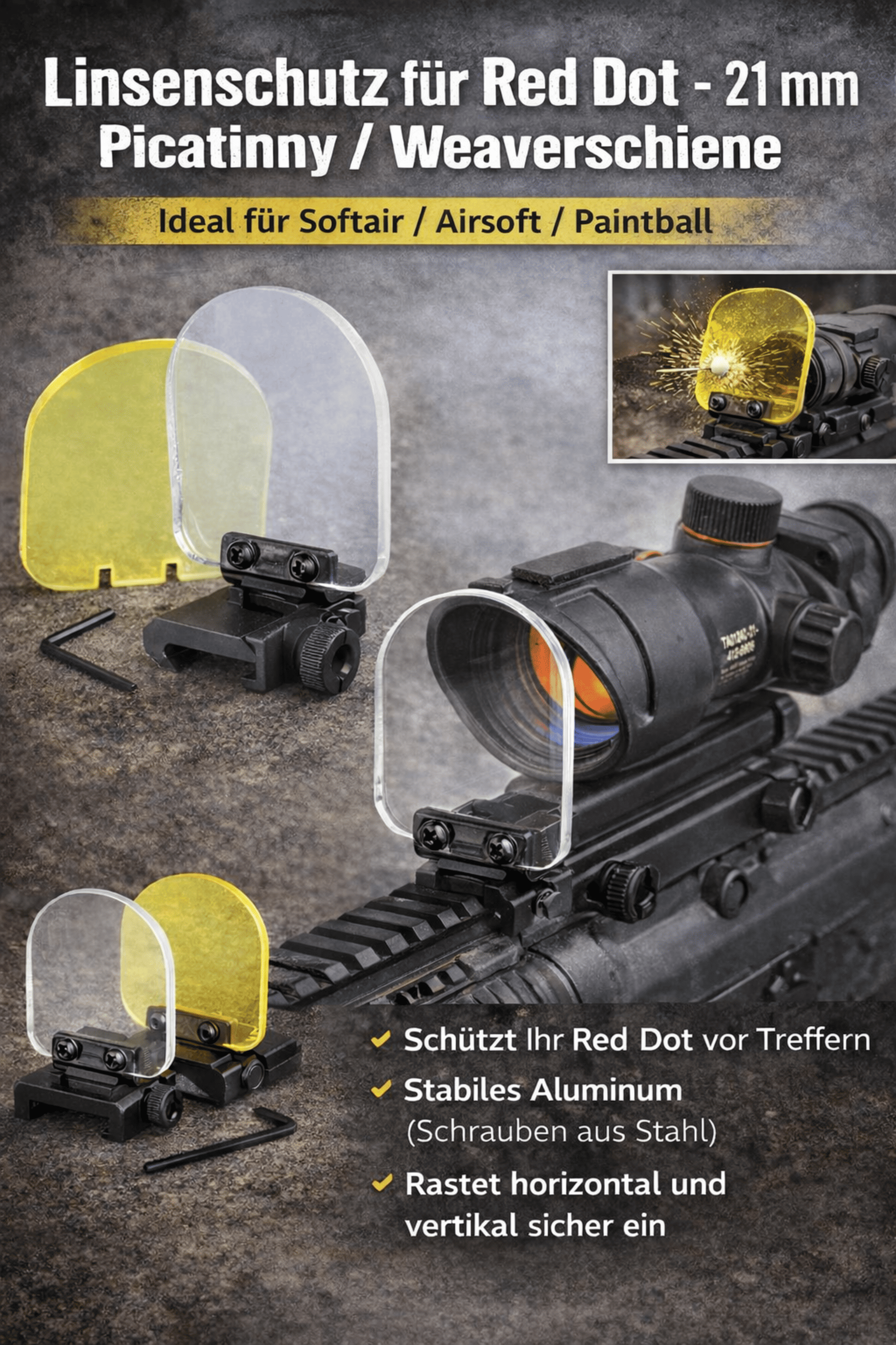 Lens Protector Visierschutz fuer 20 mm Picatinny mit Klar- und Gelbscheibe